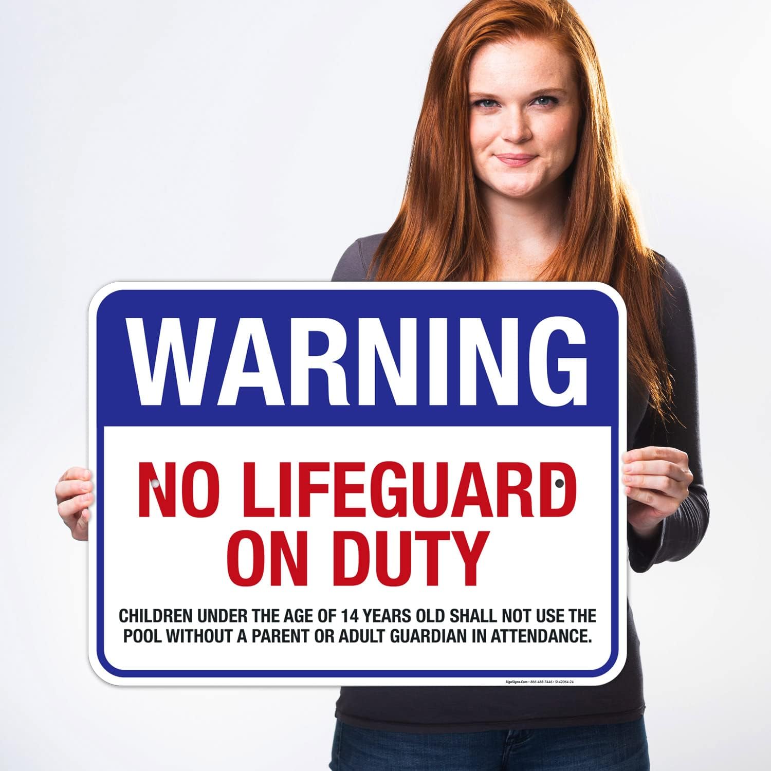 Pool Sign, Warning No Lifeguard On Duty Sign, 18x24 Inches, Rust Free .063 Aluminum, Fade Resistant, Easy Mounting, Indoor/Outdoor Use, Made in USA
