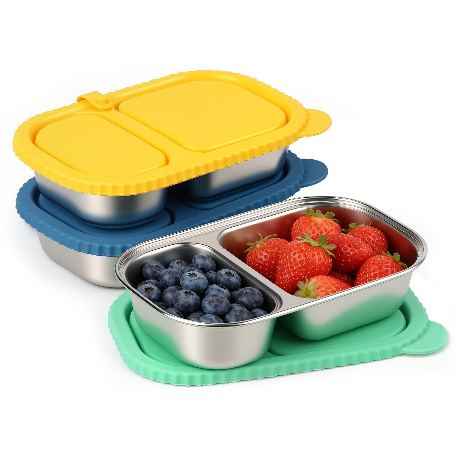 SMRONAR 3 Pack Stainless Steel Snack Containers with Silicone Lids, Reusable 2 Compartment Snack Box, Small Bento Lunch Box for Adults, Food Containers for School Work and Travel, Outdoor Camping