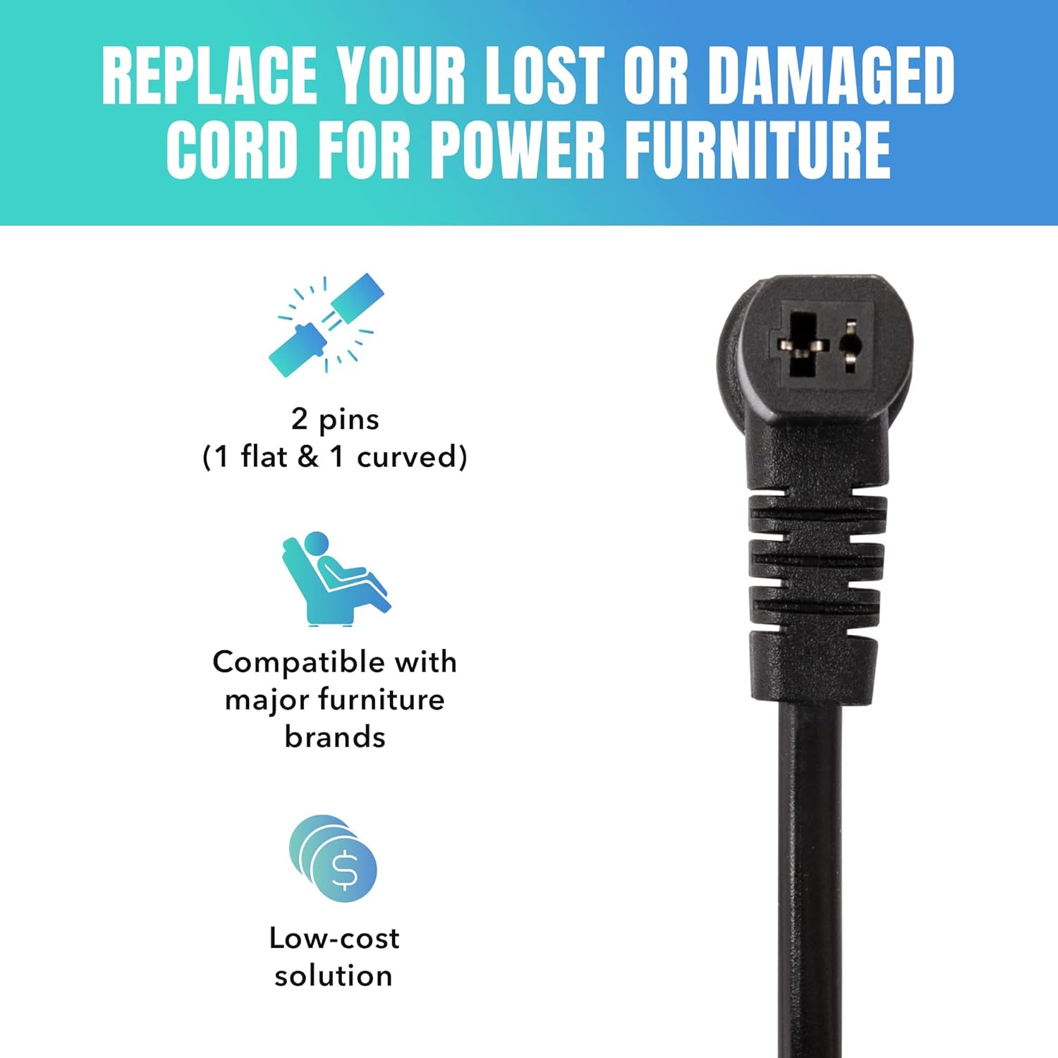Extension Power Cord for Recliner & Lift Chair 4 Foot 2Pin Connector