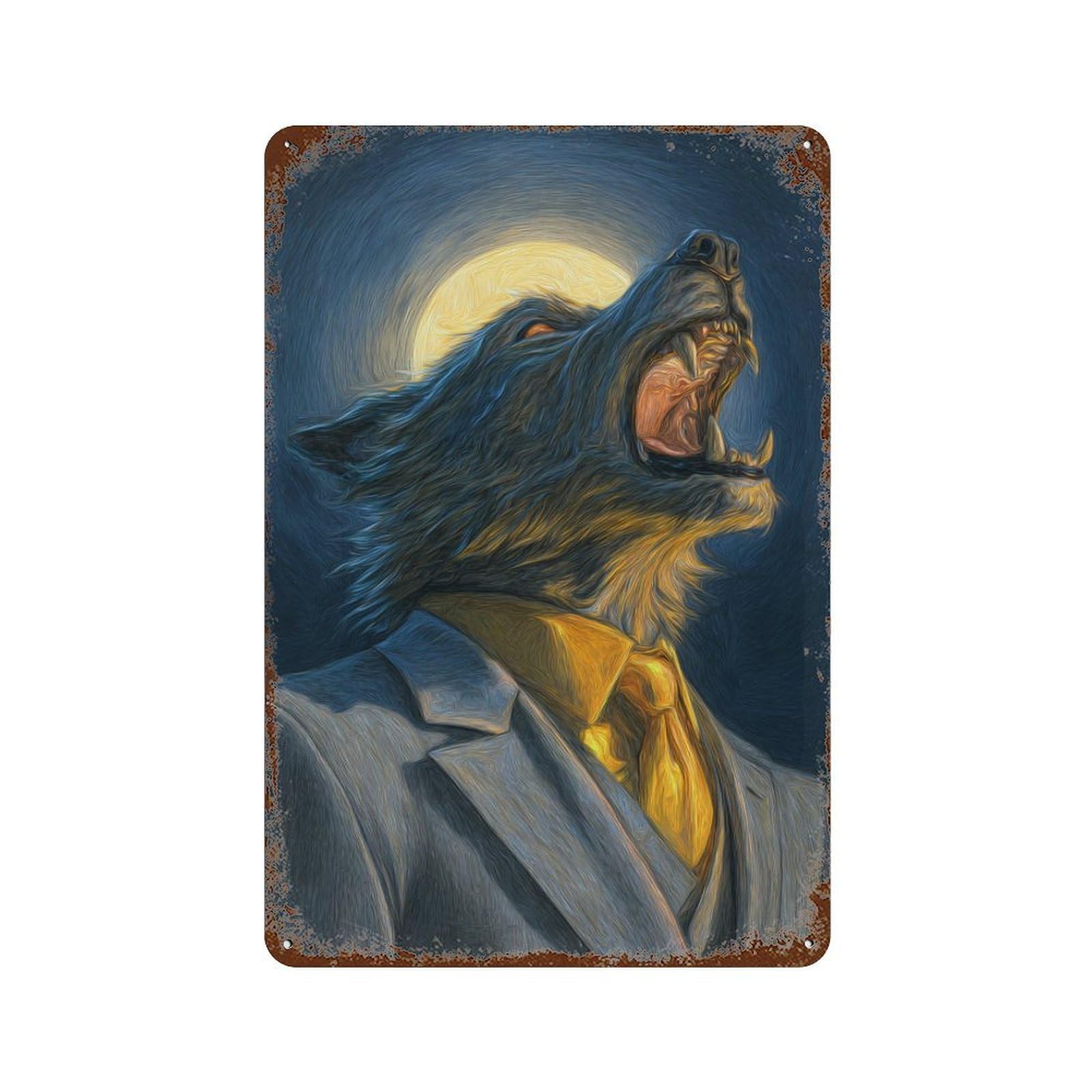 Full Moon Wolf Howling Rusty Metal Tin Sign 11.8"x7.9", Ideal for Shed, Workshop And Garage Wall Decor