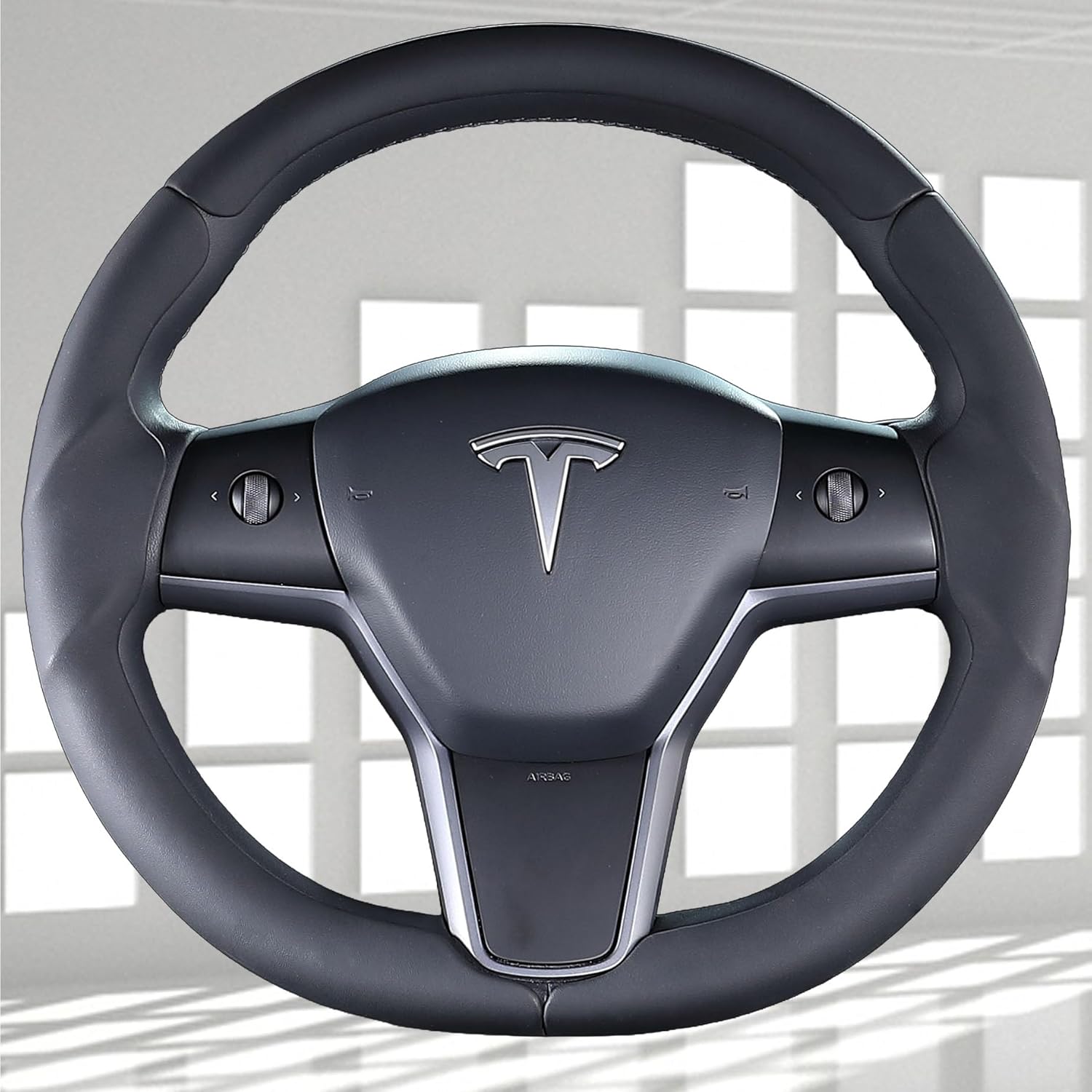 Nappa Leather Steering Wheel Cover for Tesla Model 3 2017-2023 & Model Y 2020-2024, Anti-Slip, Wear-Resistant, High Temperature Resistant (Flat Black)