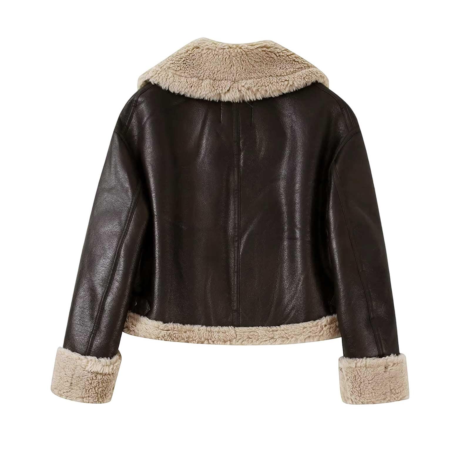 Generisch Veste bomber en cuir synthétique pour femme - Fermeture éclair - Manteau chaud - Vintage - Biker - Vêtement d'extérieur - Veste en cuir polaire - Courte - Pour femme - Revers tendance