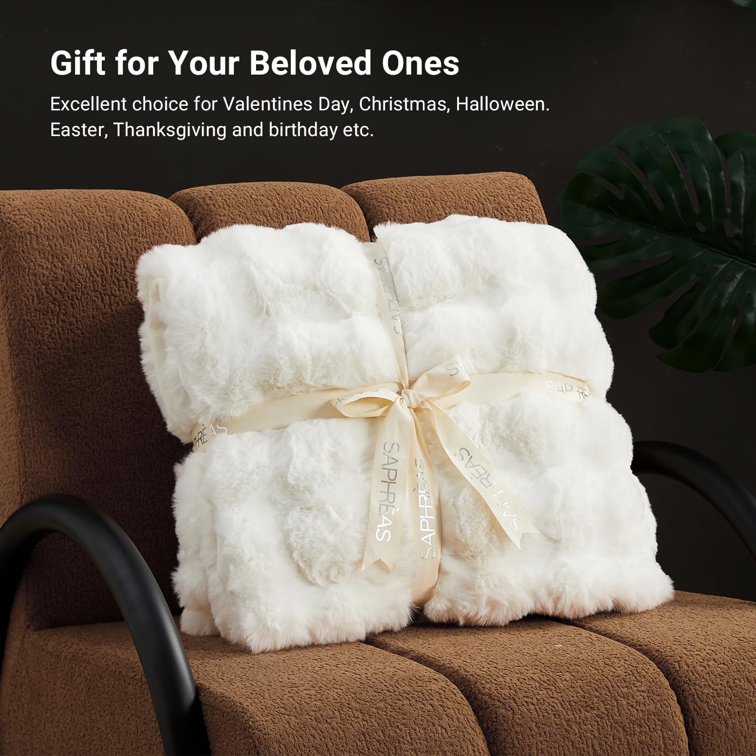 SAPHREAS Faux Fur Throw Blanket for Couch, Fluffy Fuzzy Bubble Blanket for Sofa Bed Living Room, Decor Soft Cozy Gifts for Women Men, 50x60” Cream White - Image 2