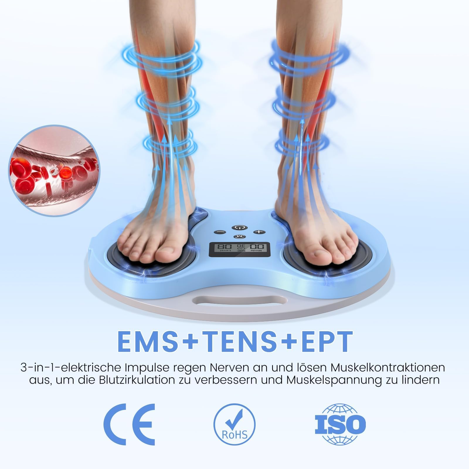 Medic Durchblutungsstimulator Beine, EMS Fußmassagegerät mit 4 TENS Elektrodenpads, Durchblutungsstimulator für Füße und Beine – fördert Durchblutung, lindert Fußschmerzen & entspannt Muskeln