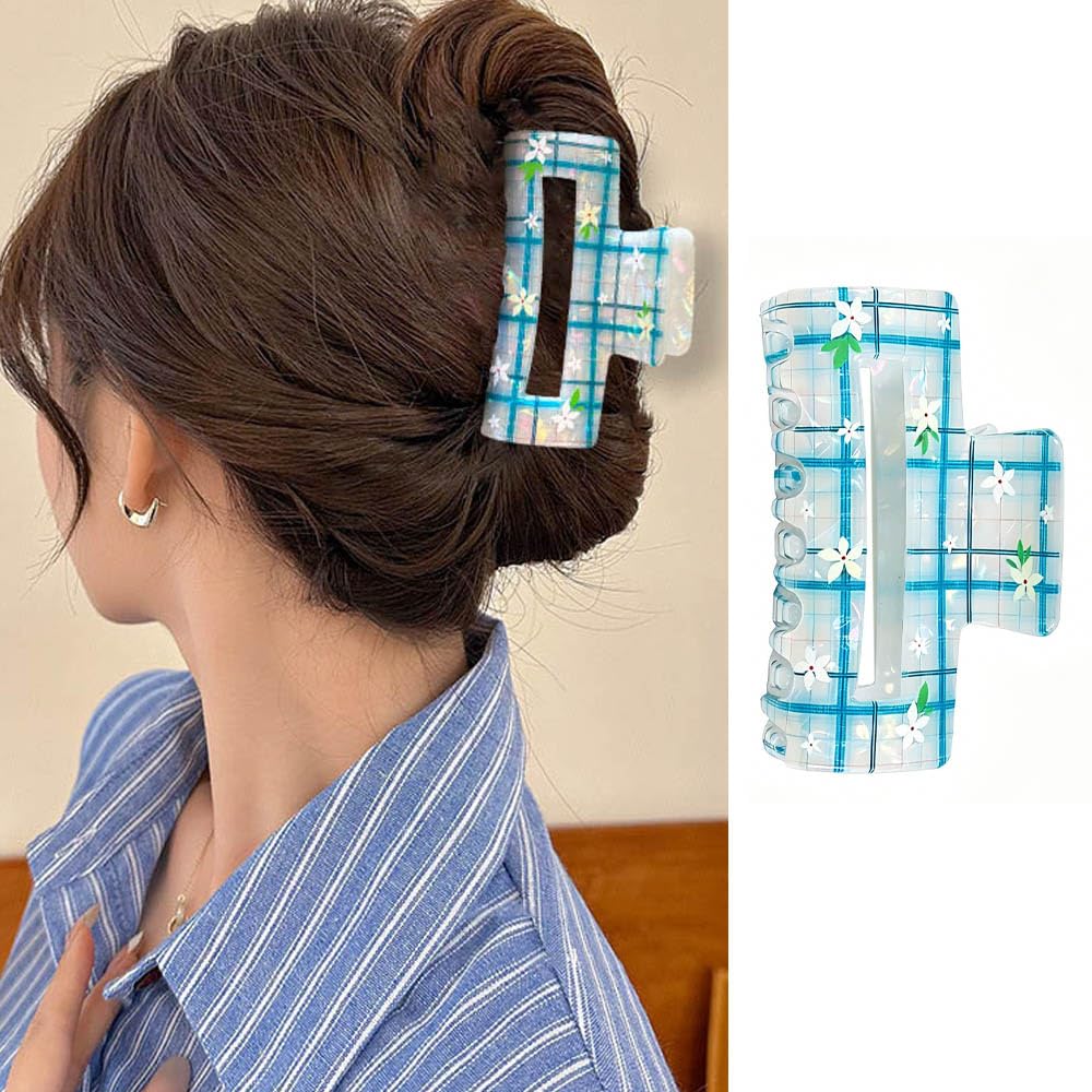 Blue Plaid Hair Claw Clips, 1PCS Large Acrylic Flower Square Lattice Hair Barrettes for Thin Thick Hairs Cute & Cottagecore Style Non Slip Hair Jaw Clips Strong Hold Claw Clamps for Women Ladies