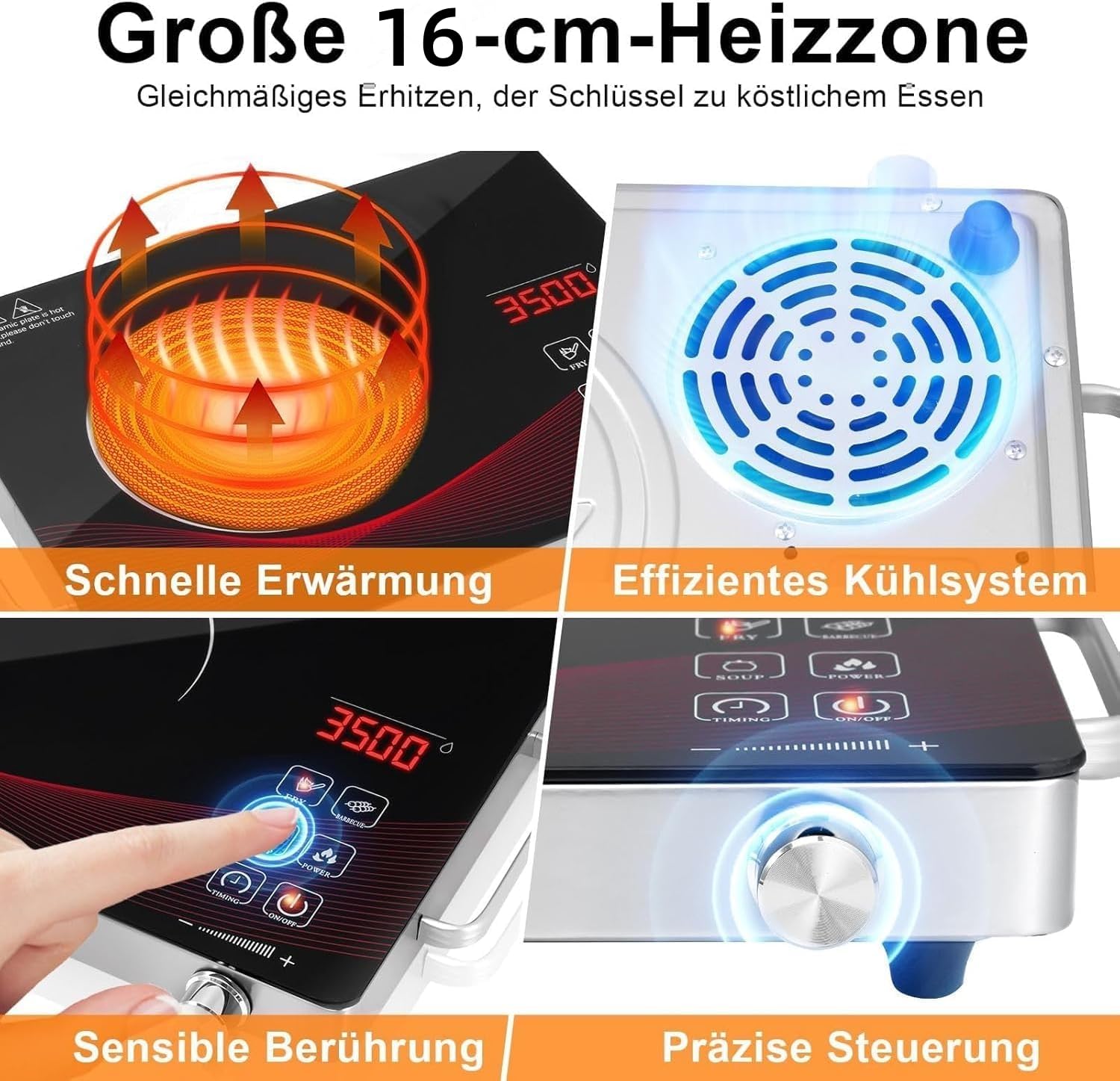 Ce/rankochfeld 3500W Ce/ranfeld Tragbares 41cm 29cm Touch Steuerung Kochfelder 4 Modi 9 Stufen Leistung 1 Minute 3 Stunden 1 Platte Timer Funktion Herdplatte 1 Kochfeld