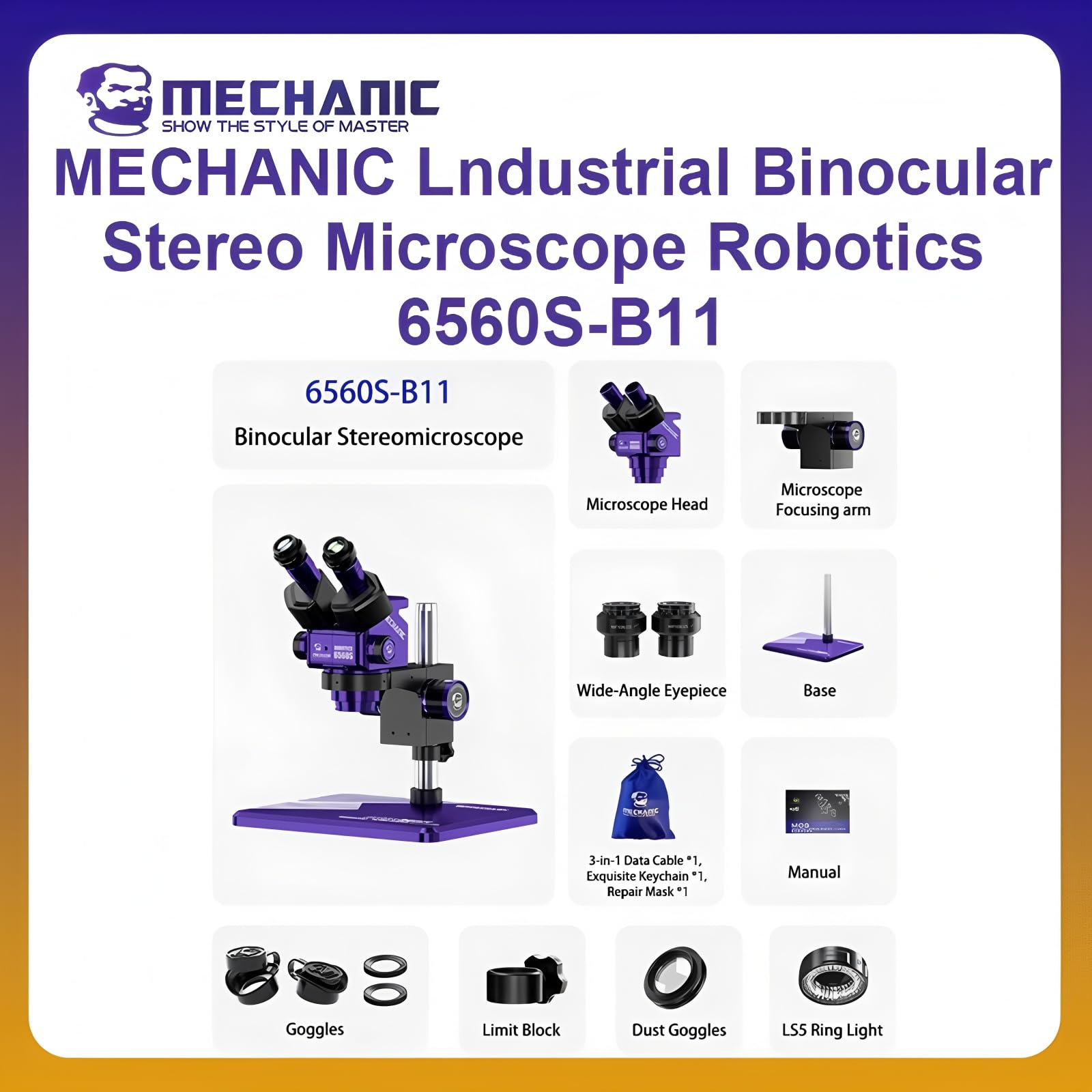 MECHANIC OFICIAL Microscopio estereoscópico binocular industrial para robótica 6560S-B11 con zoom continuo adecuado para reparación de tarjetas PCB y móviles