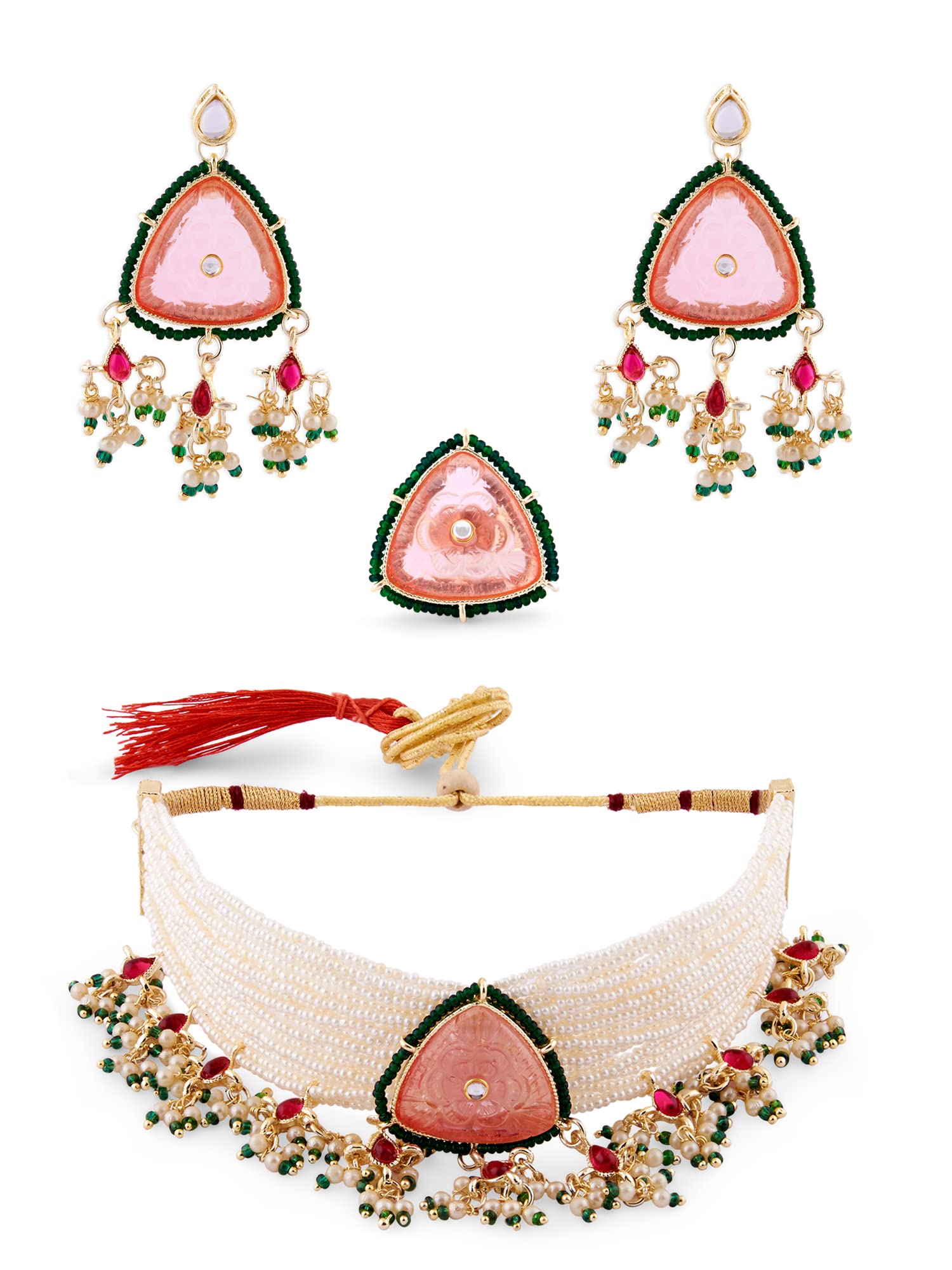 ZAVERI PEARLS Pink Stones & Green Beads Multistrand Pearls Choker Necklace Earring & Ring Set For Women-ZPFK14834 (B0BFRG7VY8) Amazon Price History, Amazon Price Tracker