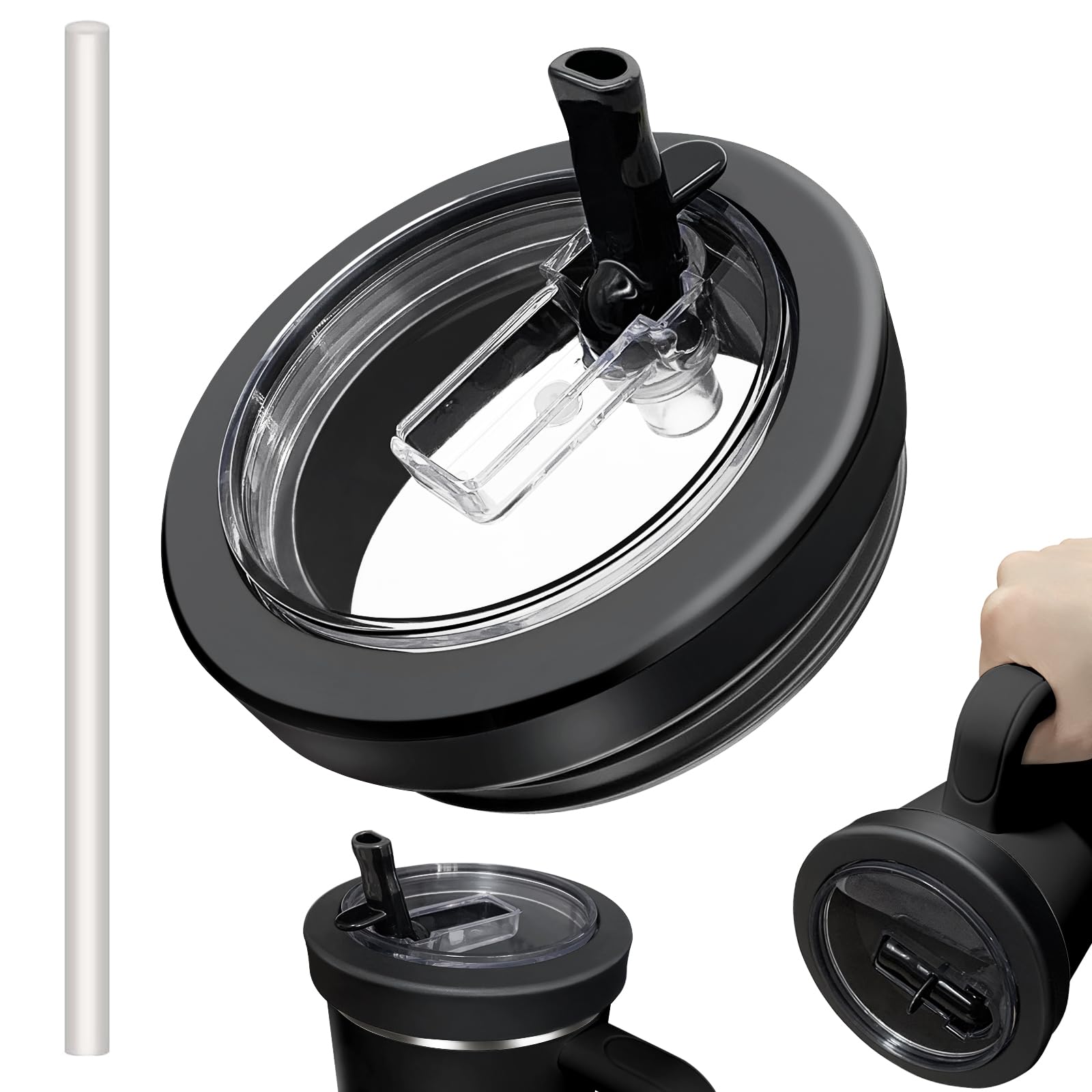 40 OZ Tumbler Flip Straw Lid Replacement Fit for Stanley Quencher, Spill Proof Lid with Straw for Stanley, Leak Proof Reusable Tumbler Top Lid Compatible with Stanley Cup Accessories(Black)