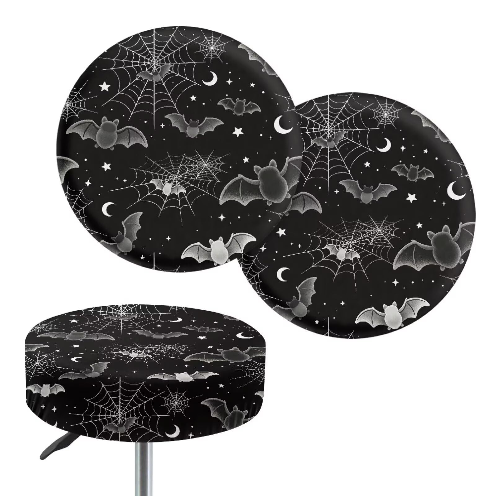 Wanyint Cute Bat Cobweb Moon Star Stool Covers Round 2 Pack Stretch Bar Stool Saddle Padded Seat Covers Halloween Decor Washable Stool Slipcovers for 14-16 Inch Chair — image 1