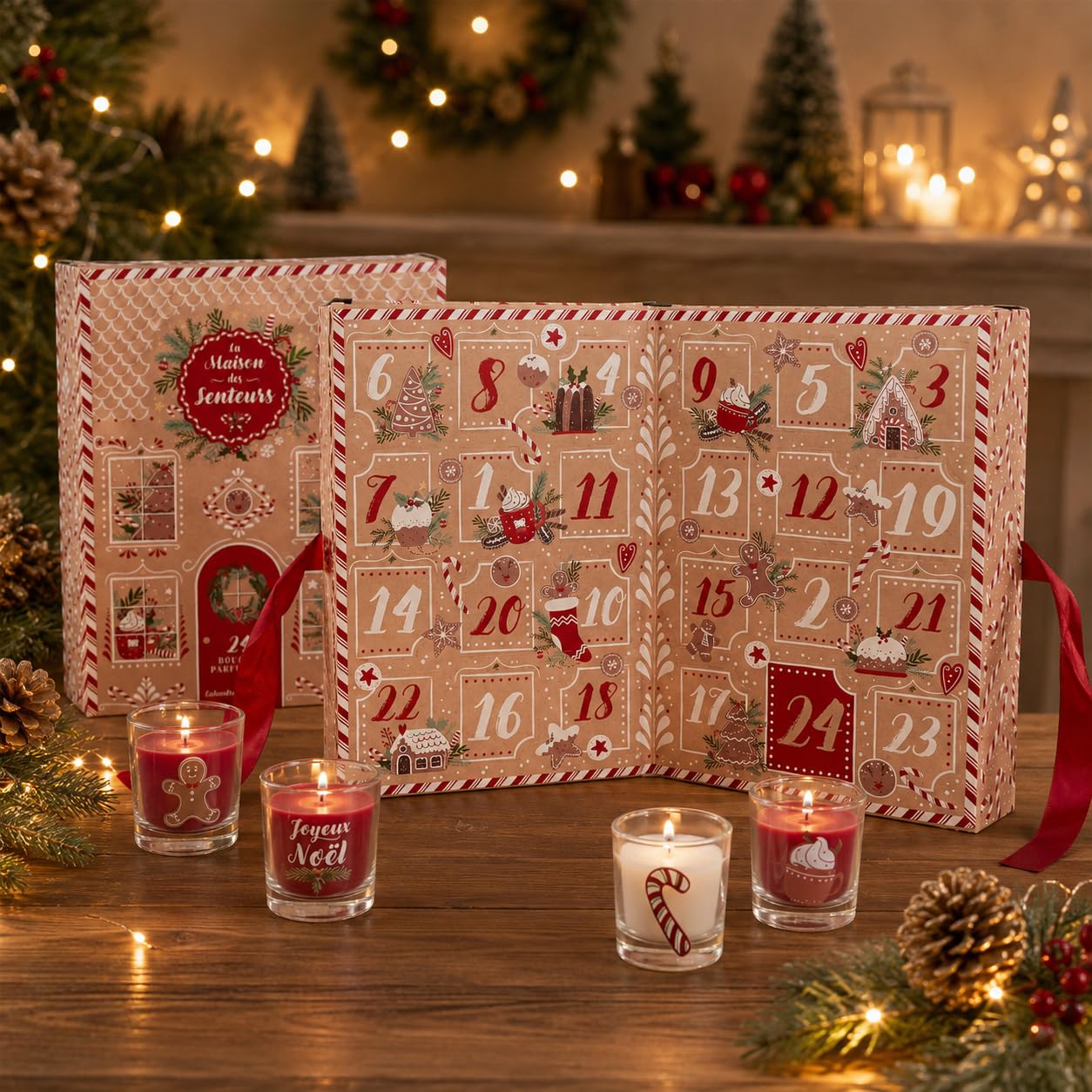 Luxuriöser Adventskalender mit 24 Duftkerzen – Aufklappbarer Weihnachts-Adventskalender für Erwachsene – Adventskalender mit Kerzen – Rot