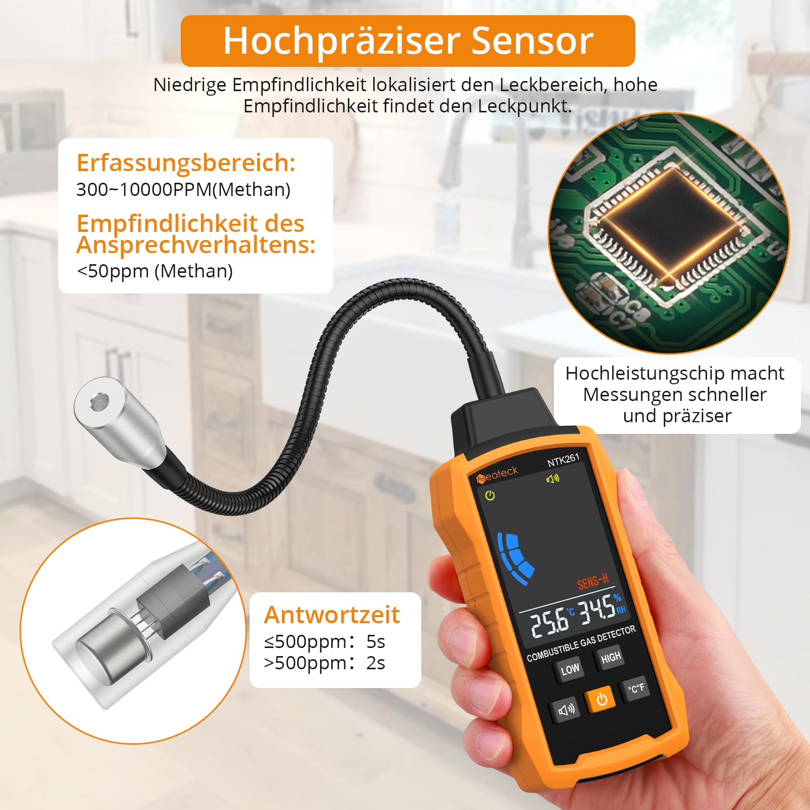 Neoteck Erdgasdetektor Gasleckdetektor mit 12" Schwanenhals Detektor für brennbare Gase mit akustischem und optischem Alarmtest Methan, Propan, Benzin, CO, Erdgas für Gaspipelines Gasherd Wohnmobil