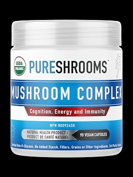 Pure Shrooms - Adaptogenic Shrooms Powder - 100 Servings - Blend of Organic Lions Mane, Reishi, Cordyceps Mushrooms. Cognition, Immunity and Energy. Beta-D-Glucan 33%. No Added Starch. 100 grams