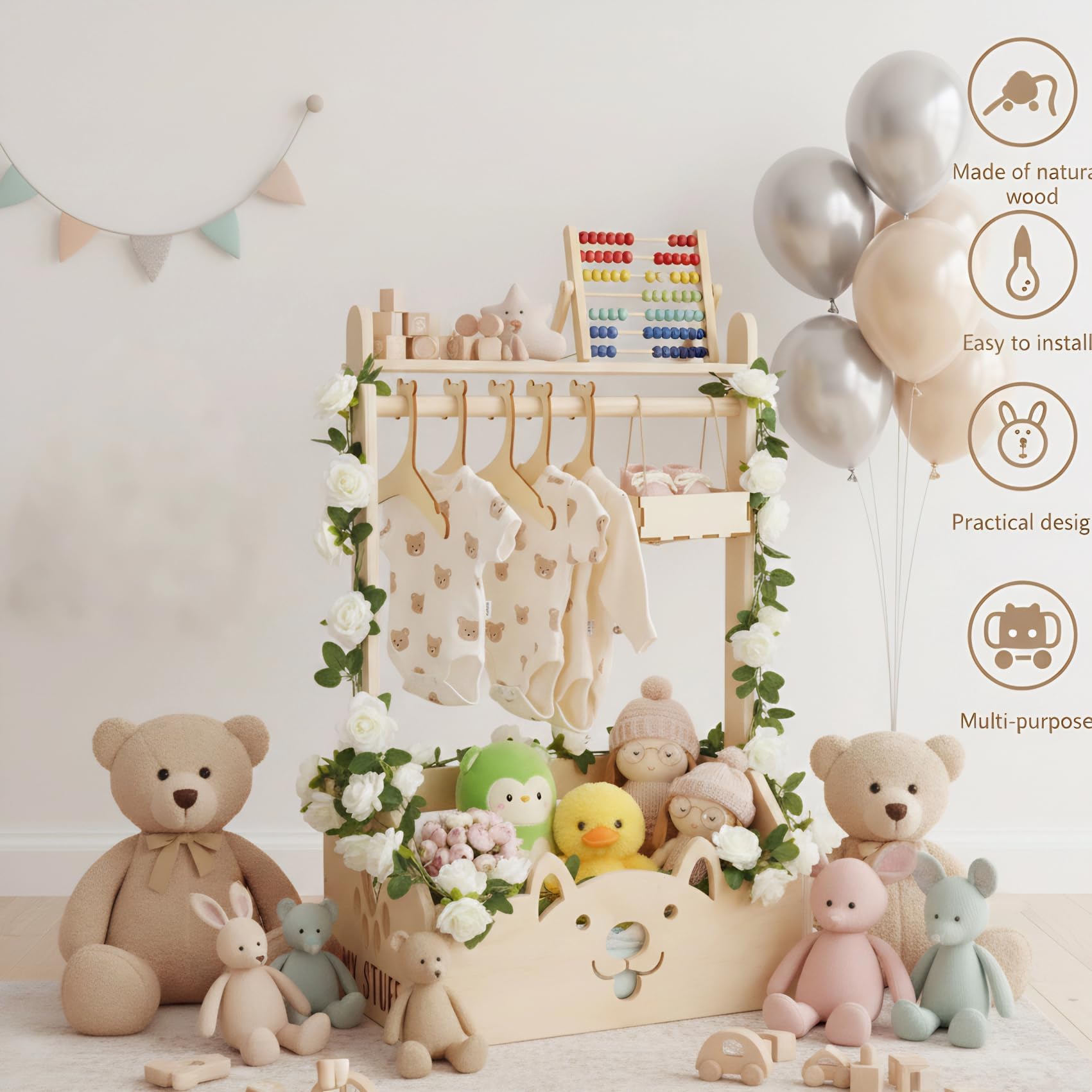 Baby Geschenkset zur Geburt, Personalisierte Babygeschenke für Mädchen & Jungen Boho Baby Geschenkkorb mit Griff, Kleiderbügel und Deko Ideal für Babyparty& Taufe (Weiße Rosen-Holzkiste)