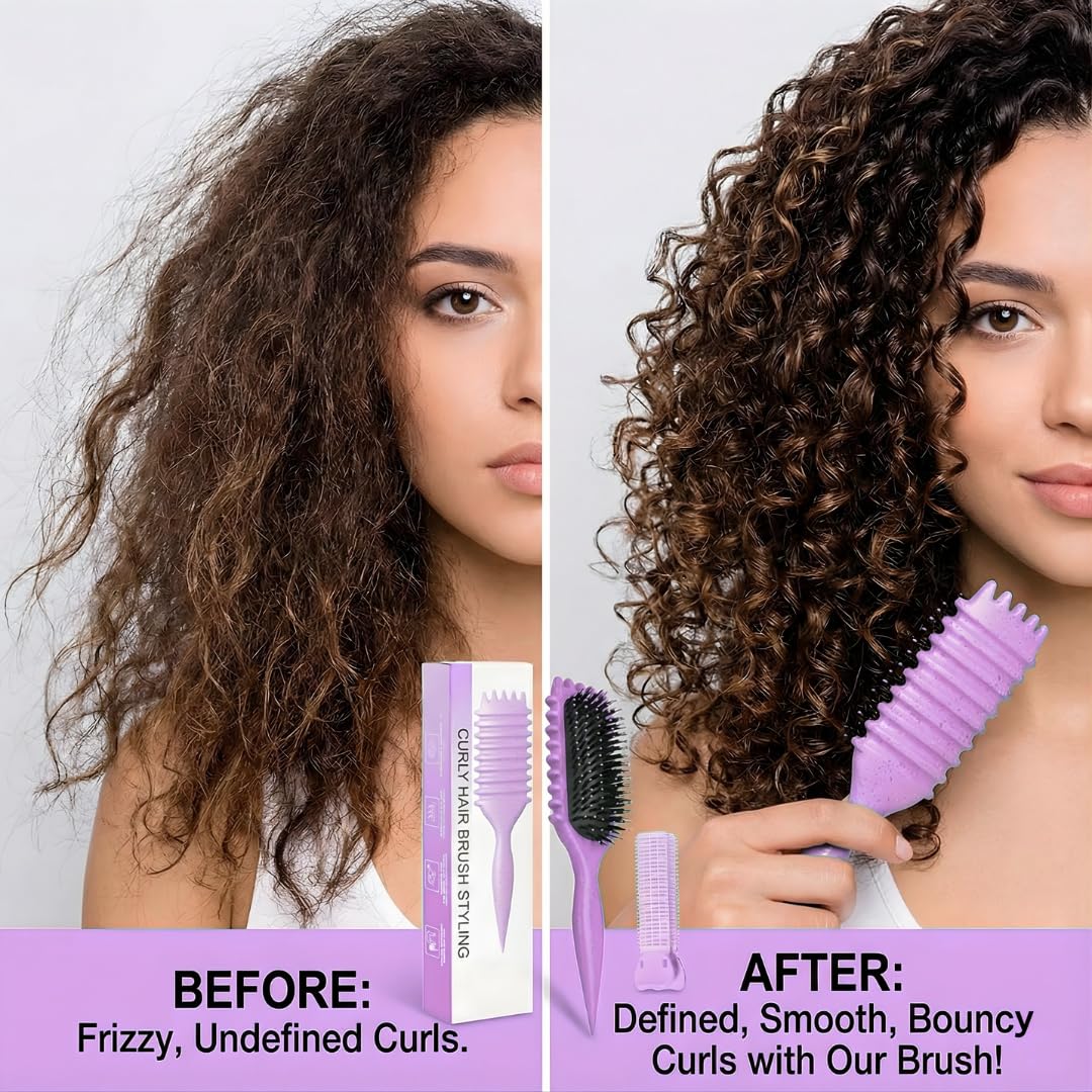Cepillo definidor de rizos con clip para cabello rizado mojado, cepillo para desenredar el cabello rizado morado para control de encrespamiento y rizos definidos, cepillo de rizo Bewelio