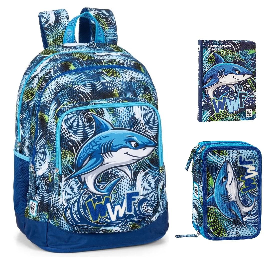 Mochila escolar WWF versión Shark tiburón azul redondo 3 compartimentos cremallera para niños primaria secundaria + Estuche 3 pisos completo de papelería + Diario 2026/2027 + kit bolígrafos y llavero