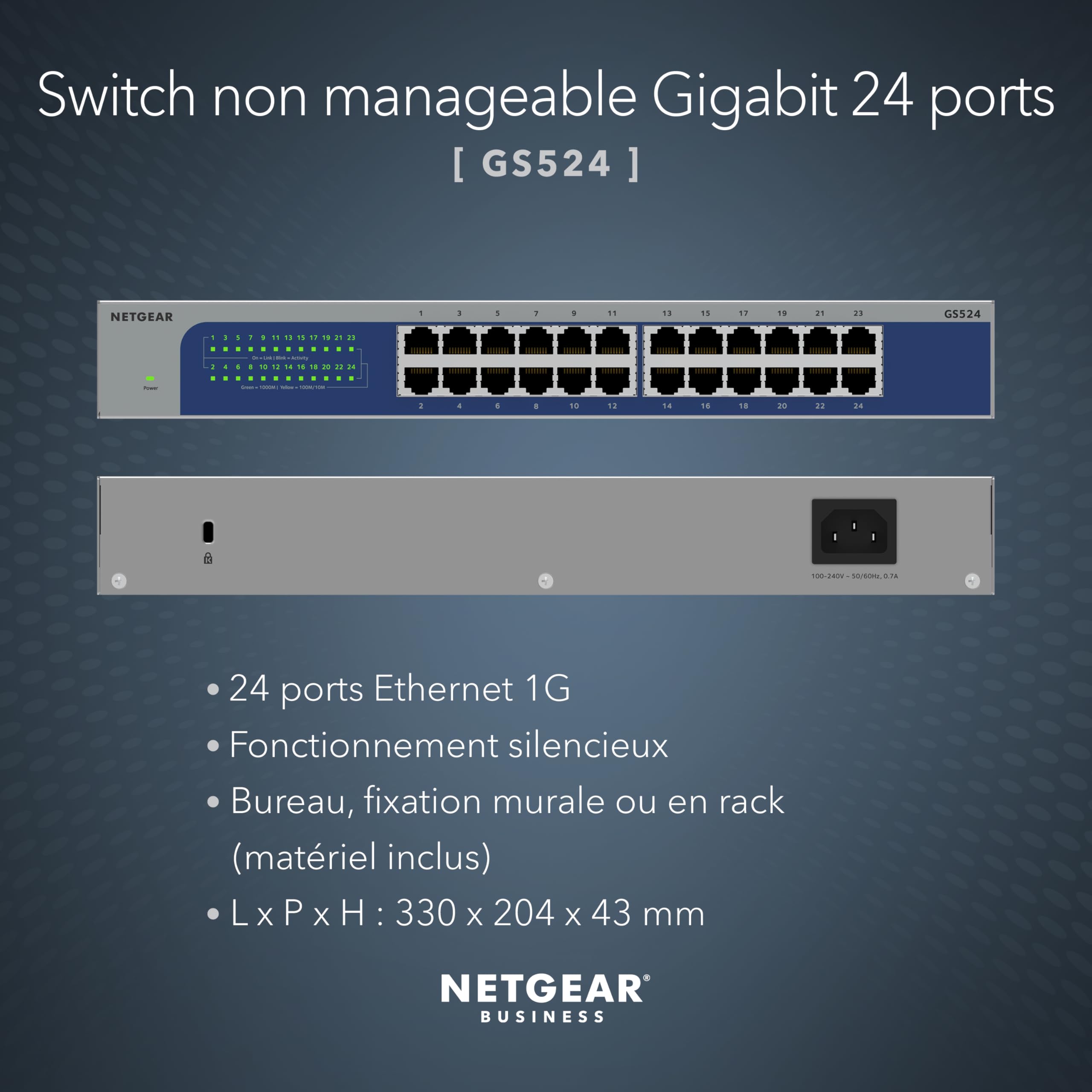 NETGEAR (GS524V3) Switch Ethernet 24 Ports RJ45 Métal Gigabit (10/100/1000), Switch RJ45 Format Bureau/ en Rack et Protection ProSAFE Garantie à Vie Parfait pour Les PME et TPE