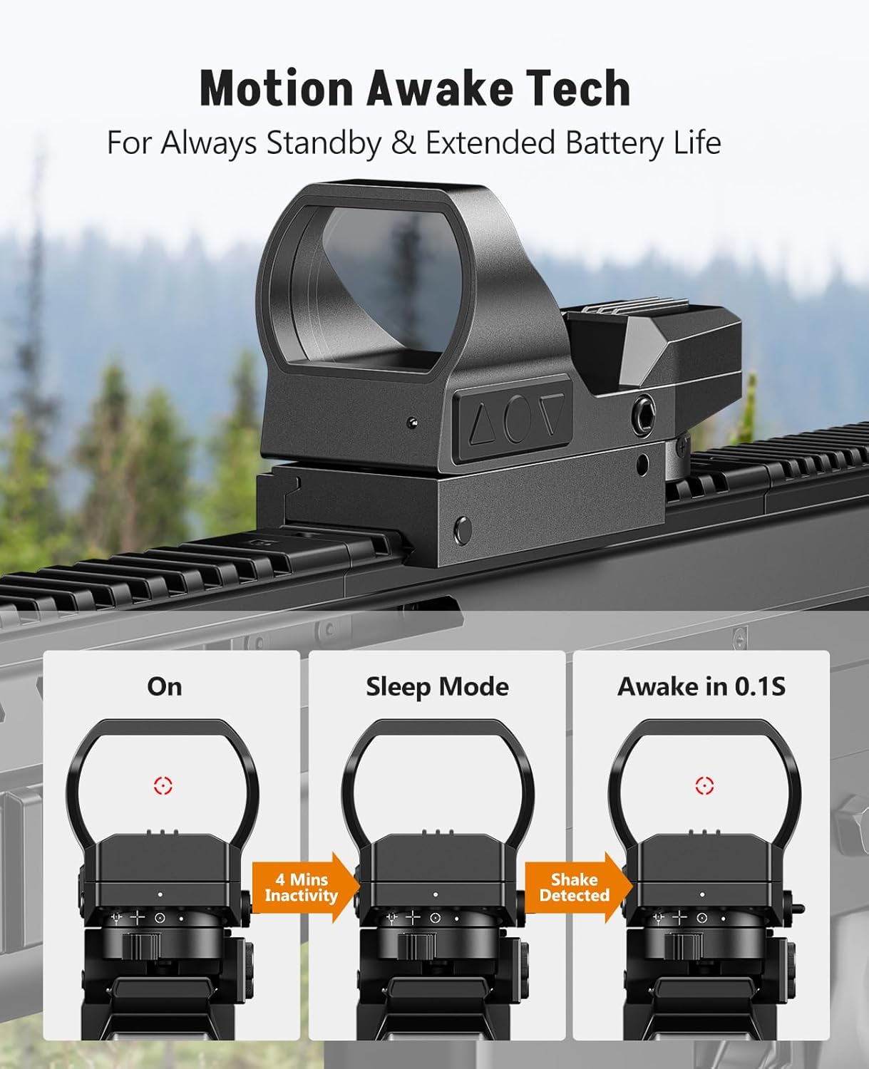 MidTen Rechargeable Motion Awake Green & Red Dot Sight, 4 Adjustable Reticles Reflex Sight Scope Paintball Optic for 20mm Picatinny Mount, Absolute Co-Witness