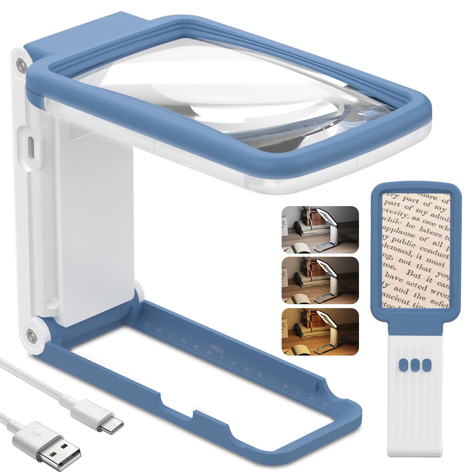 Lupa de 10 aumentos con luz y soporte, lente de cristal real, lupa de mano plegable recargable, 3 modos de color, lupa de página iluminada regulable para leer impresiones finas, personas