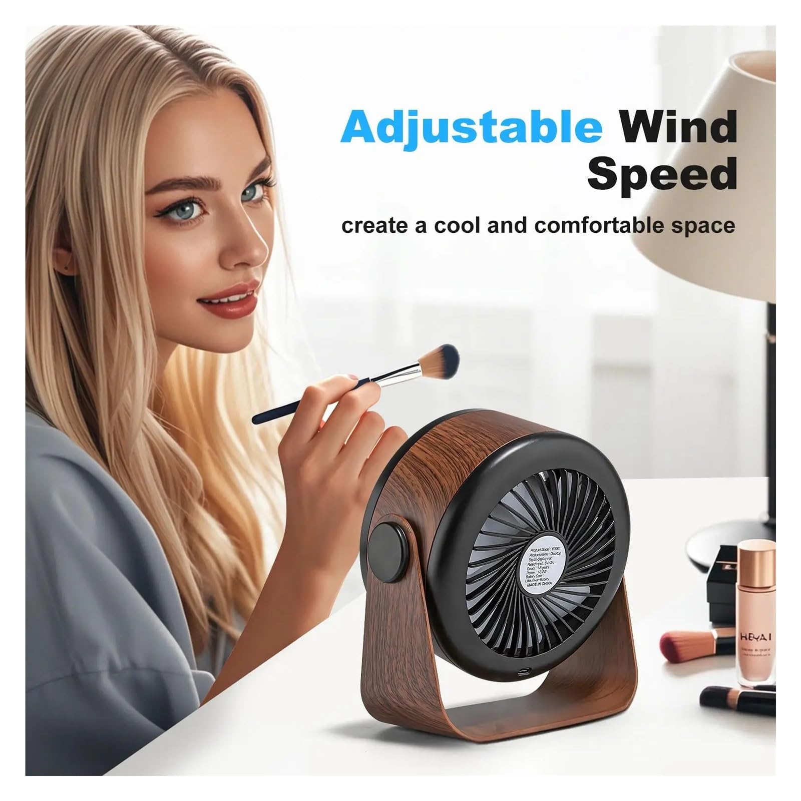 Generico Mini ventilatore ricaricabile for scrivania e parete | 5000 mAh, 5 velocità, rotazione a 360°, luce notturna, montabile a parete(Light wood grain)