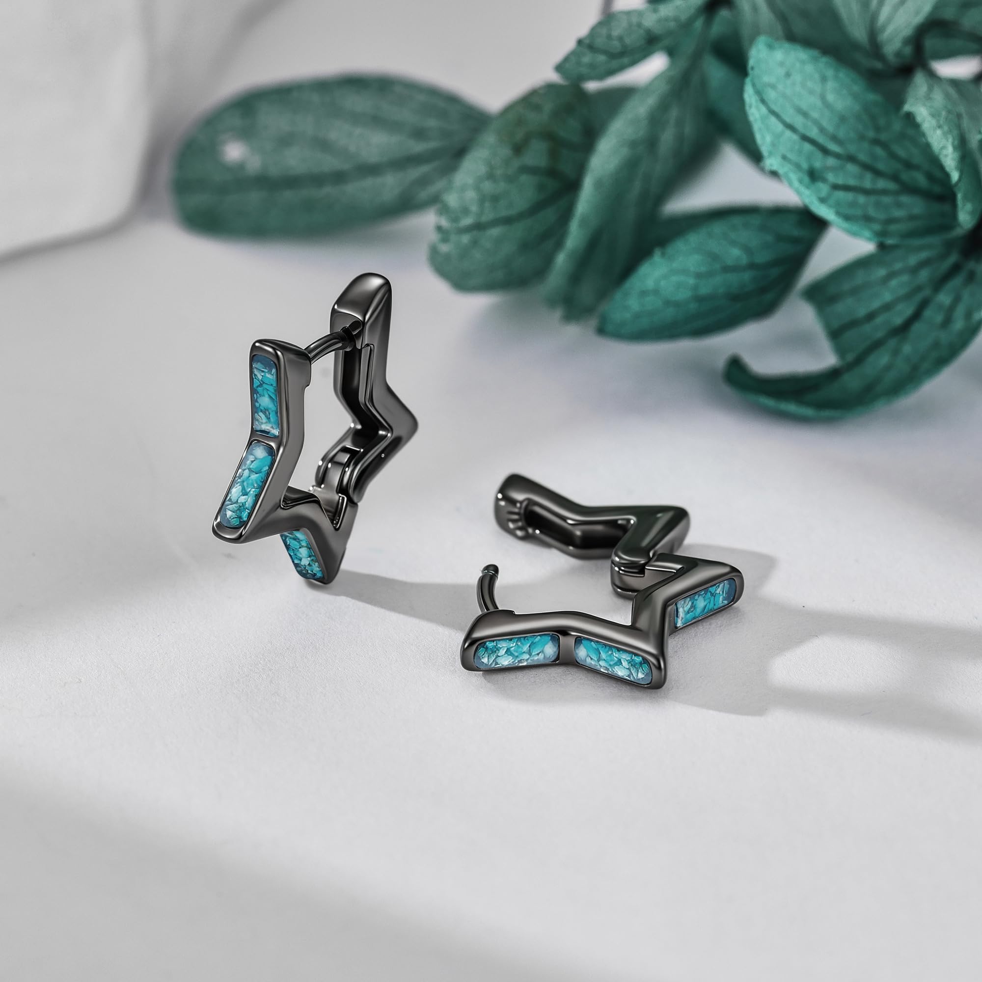 Pendientes de estrella de plata de ley 925, pequeños aretes de aro negros con turquesa, regalos para hombres y mujeres