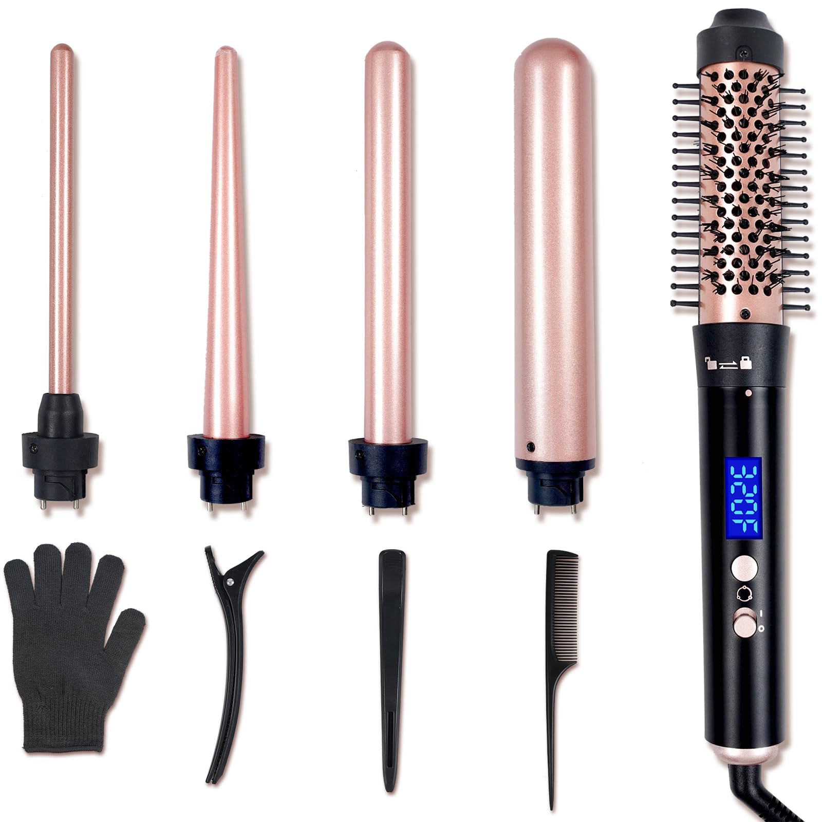 5 in 1 Hair Curling Wand Set, Hair Curlers for Short Long Hair, Curling Wand and Curling Brush, 4 Temperature Settings Curling Iron, Hot Brush Styler with Different Attachments