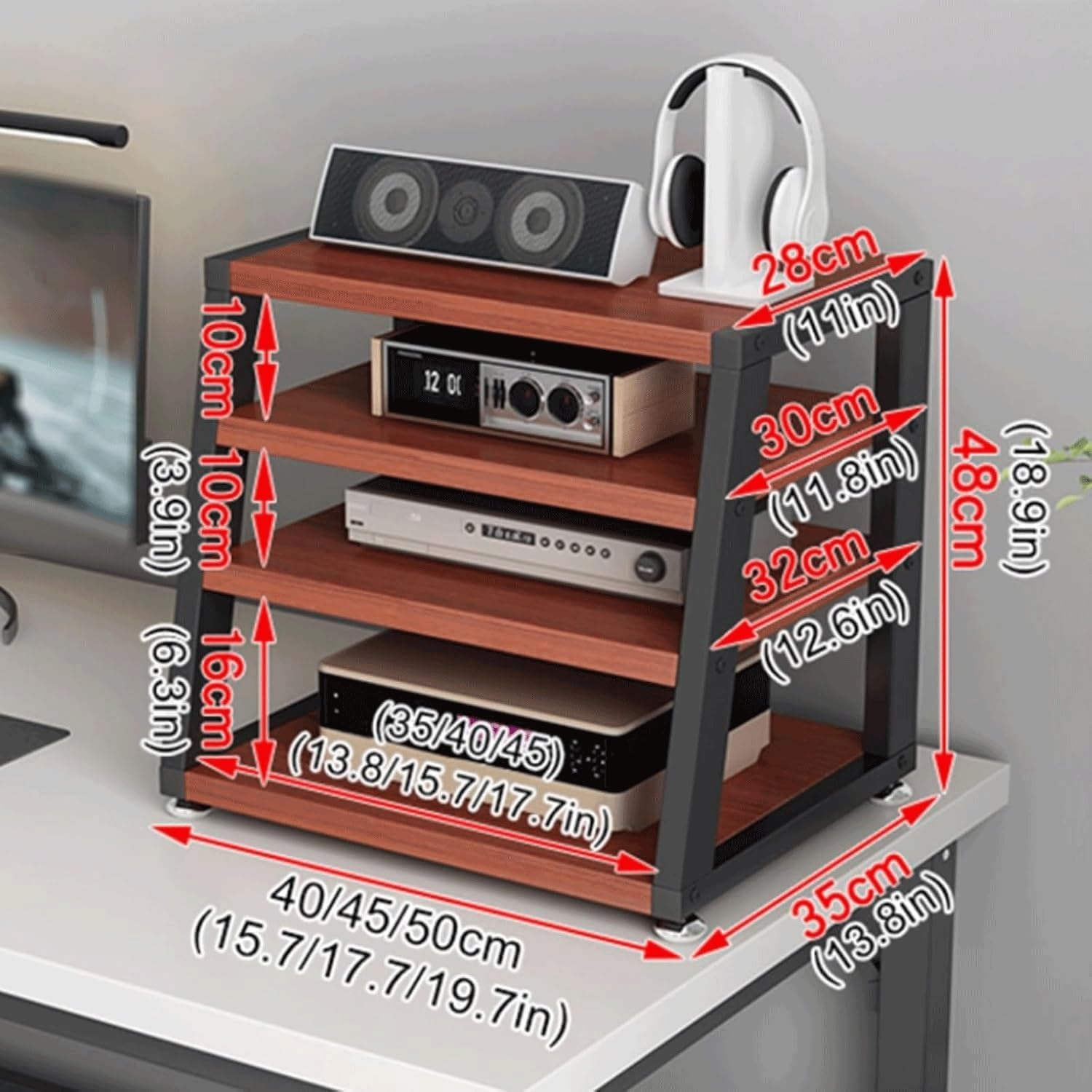 Audio Rack 2/3/4 Tier Stereo Rack Audio Equipment Rack Wooden Audio Rack Cabinet Open Trapezoidal HiFi Rack Strong Stereo Shelf(Brown,50x35x48cm)