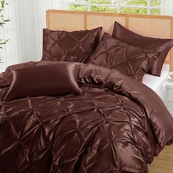 P Pothuiny 5 Pieces Satin Pintuck Duvet Cover Set, Silky Like Cocoa Brown Pinch Pleat Duvet Cover Full/Queen Size Luxury Bedding Set with Corner Ties, 2 Pillow Shams + 2 Pillowcases No Comforter