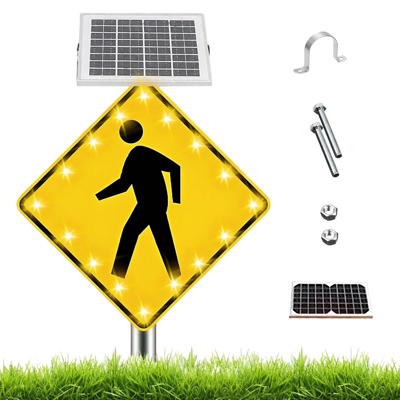 Cielobloen Multicolor Solar Led Flashing Pedestrian Crossing Sign, Aluminum Ip65 Crosswalk Signs, 24/30 Inch, Engineer-Grade Reflective, U-Bolt Mount, For School Urban/Road Park Community 24"