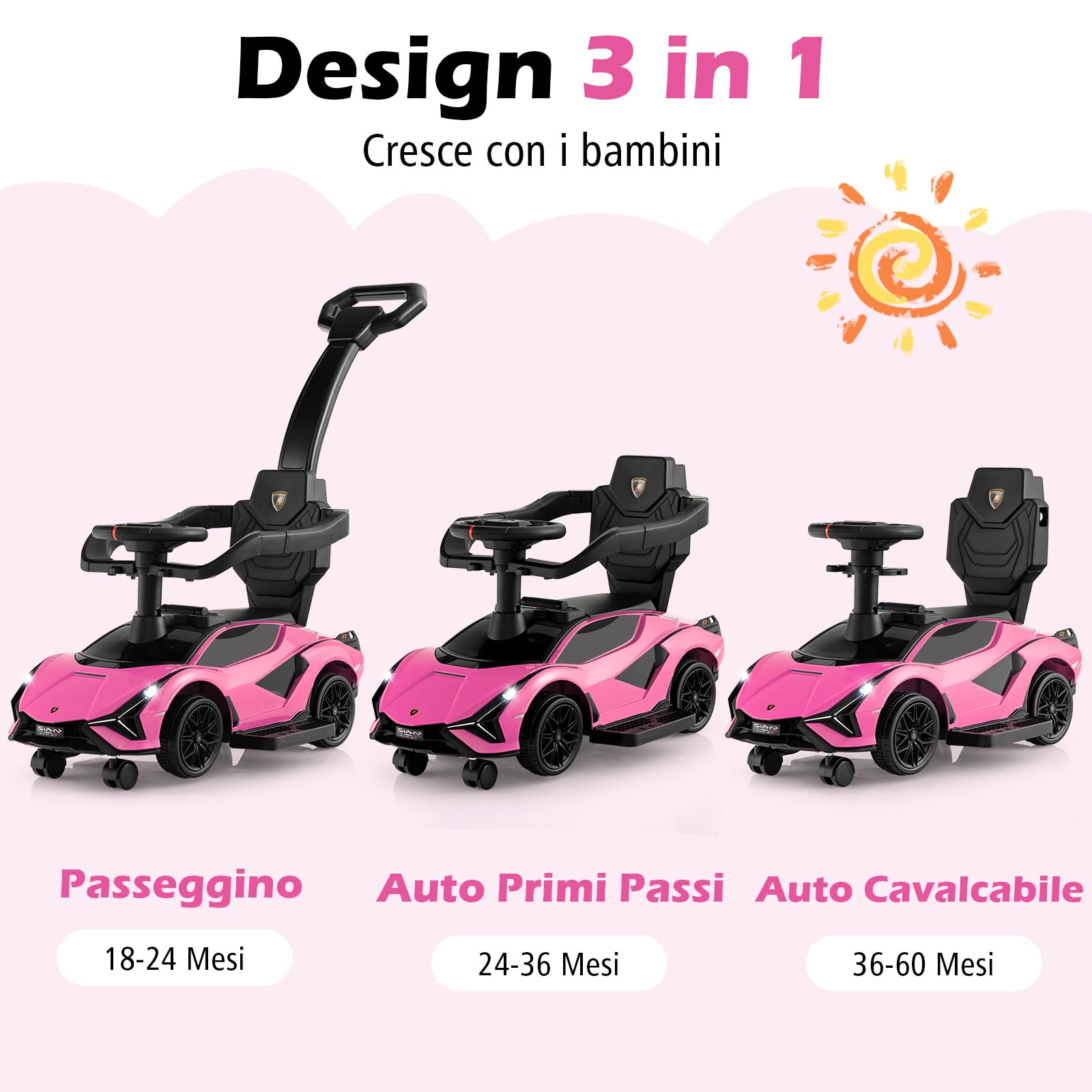 COSTWAY 3 in 1 Auto da Spinta, Auto Scorrevole con Paracolpi e Manubrio Rimovibili Musica e Fari, Spazio di Stoccaggio Nascosto e Ruote Universali Staccabili, Bambini 18-24 Mesi (Rosa)