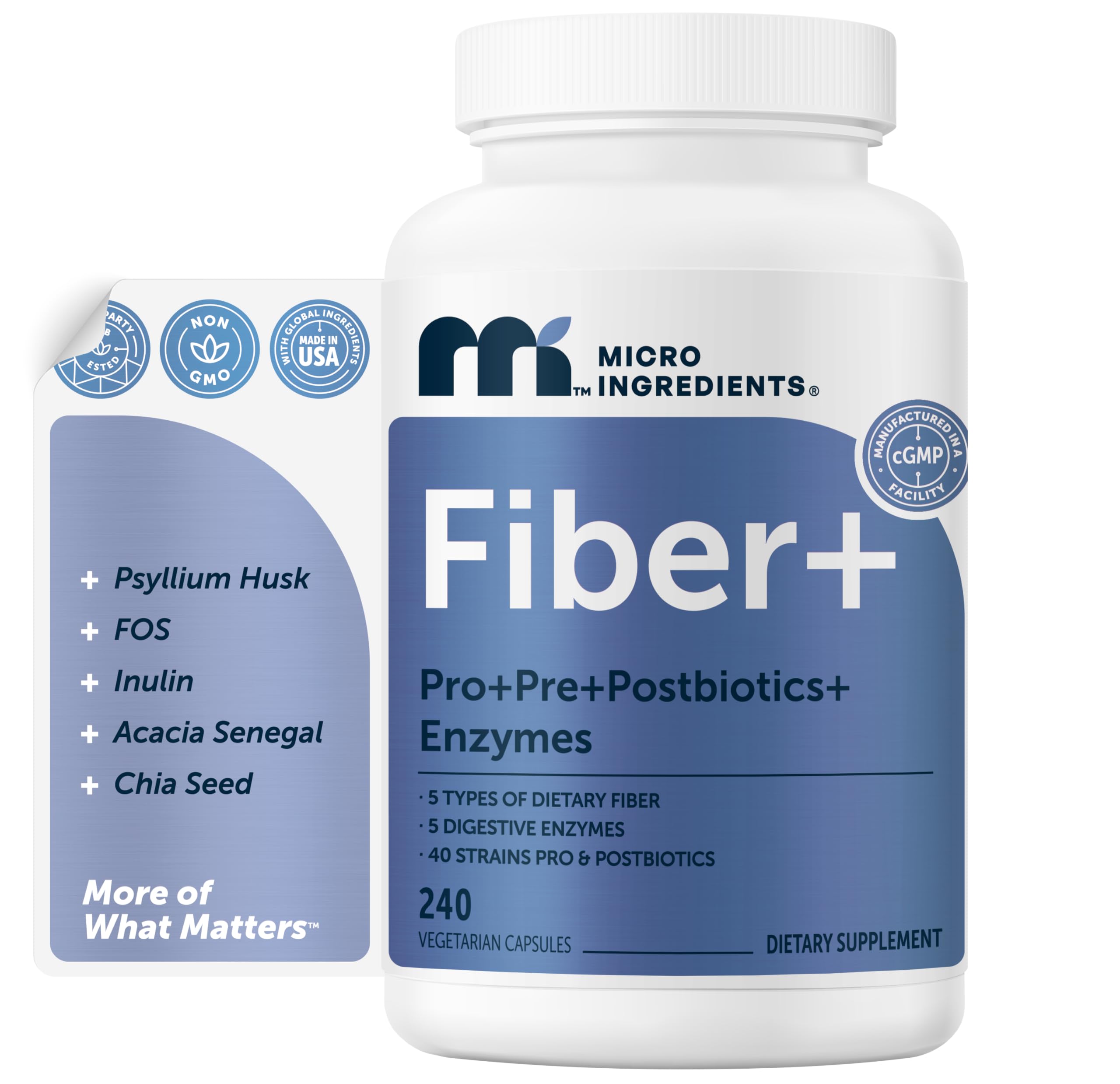 Micro Ingredients Psyllium Husk Fiber Capsules 5-in-1, 240 Vegetarian Capsules | Soluble Fiber Supplement for Digestive Support* | Probiotics, Prebiotics, Postbiotics & Digestive Enzymes | Non-GMO