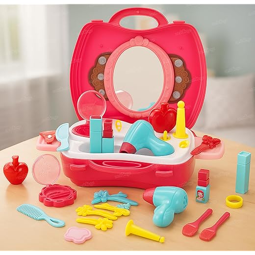 zest 4 toyz Beauty Makeup Kit for Doll Girls Cosmetic Set Kit Hair Salon with 21 PCS Makeup Accessories Portable Pretend Play Fashion Set Toy for Kids (Hair Salon -Pink) Made in India