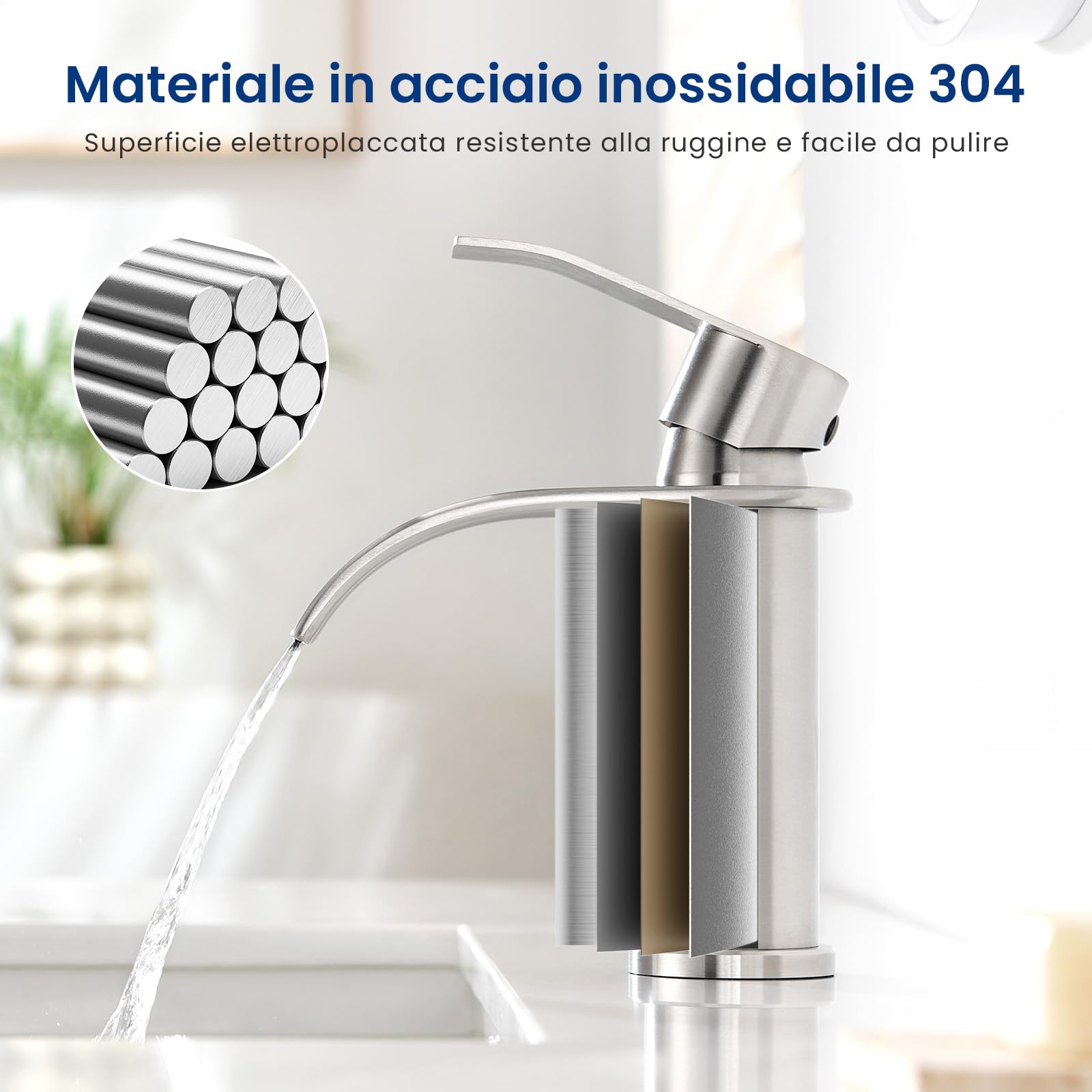 CECIPA Rubinetto Bagno Lavabo Spazzolato a Cascata, Miscelatore Lavabo con Becco Altezza 8,6cm, Rubinetto Lavandino Bagno in Acciaio Inox 304