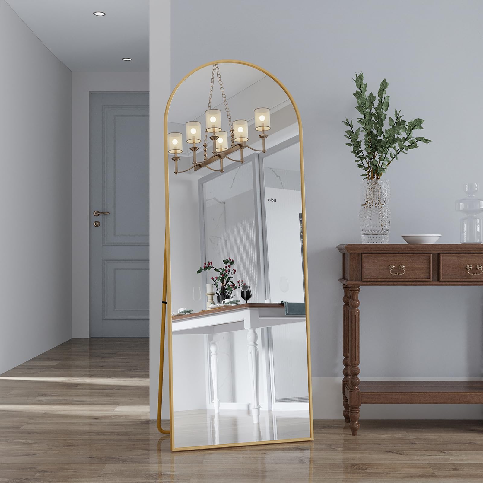 BRILVERDE Miroir pleine longueur, arc, 162 x 53 cm, grand miroir mural pleine longueur, avec cadre en aluminium, miroir mural complet avec support, pour chambre à coucher, entrée, couloir (doré A)