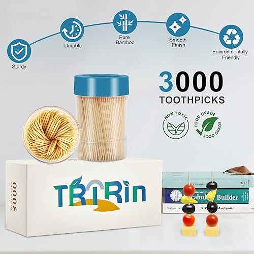 Miniatura 2 de 3000 palillos de dientes de bambú 100% natural, con 1 soporte reutilizable, palillos de dientes resistentes y suaves para fiestas, aperitivos,