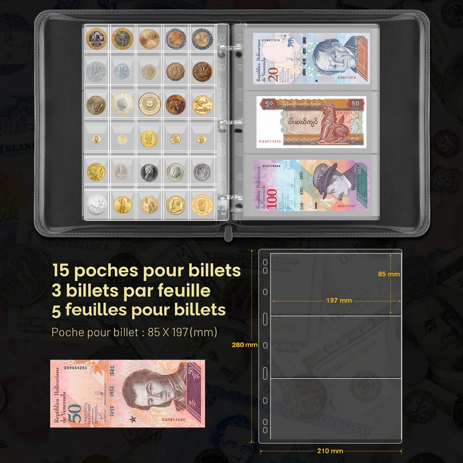JoyHood Album de collection de pièces de monnaie – 400 pochettes pour pièces de monnaie + 15 poches pour billets, organiseur de pièces de monnaie pour pièces de 20/25/27/30/38 mm