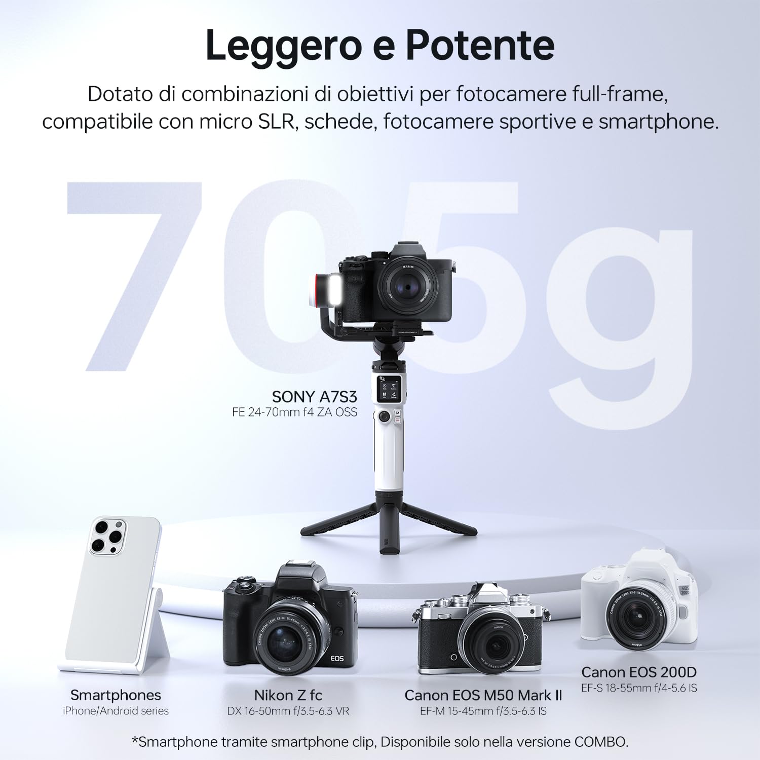 ZHIYUN Crane M3S [Ufficiale] Stabilizzatore Fotocamera a 3 Assi, con Luce di Riempimento Incorporata, Gimbal Fotocamera Leggera, 705g, per Videocamere Micro Single, Reflex