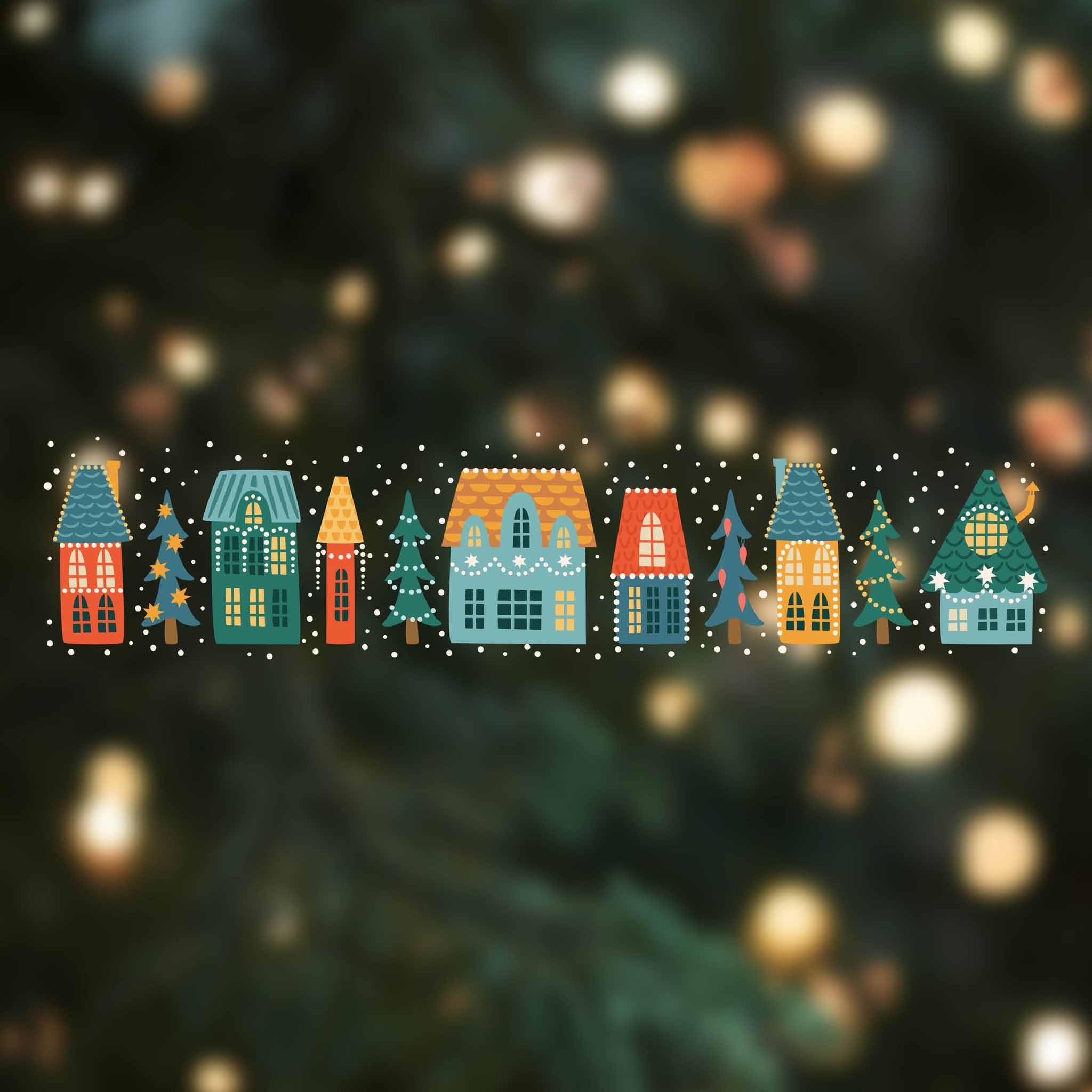 Grands autocollants de Noël réutilisables – Maisons de village scandinave Scène de rue de Noël – Décorations de Noël double face