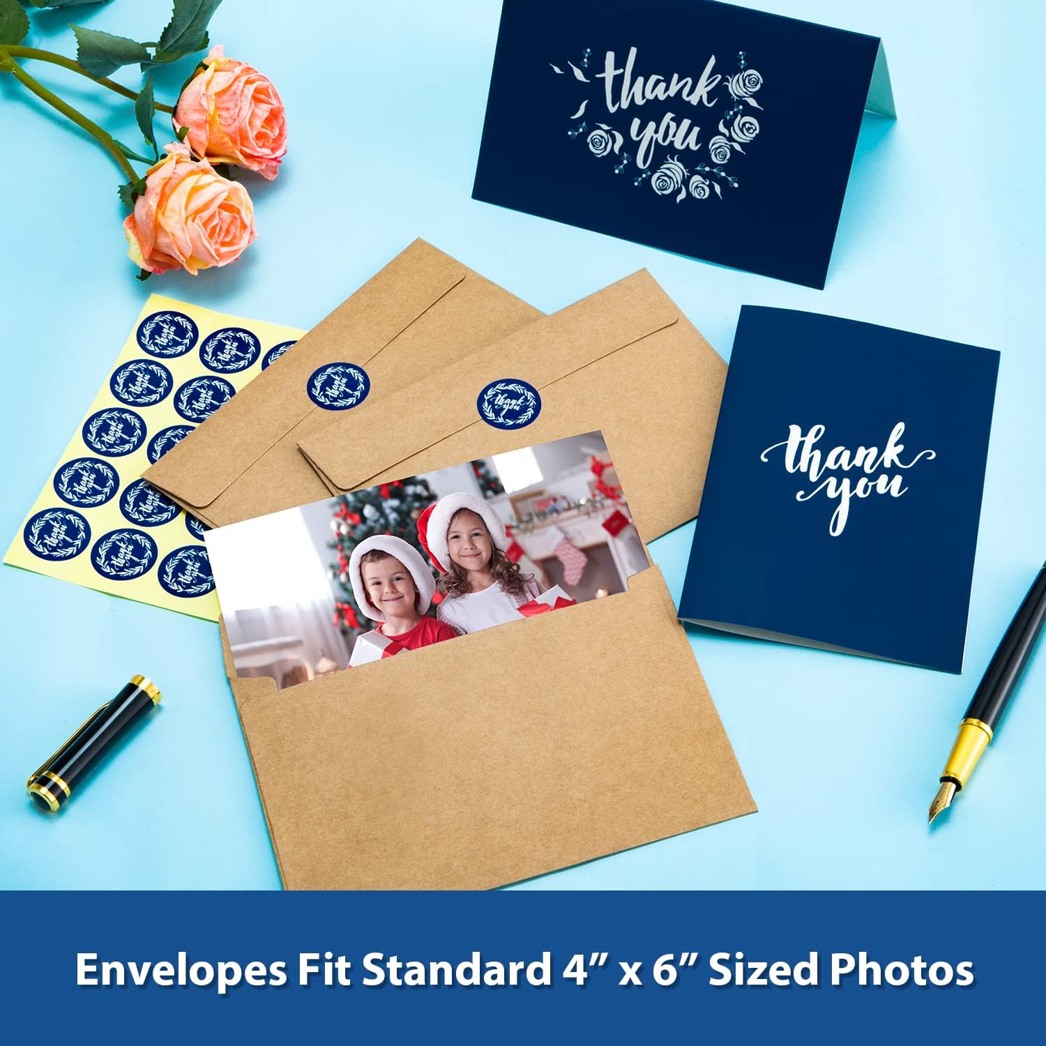 Ohuhu 100 Thank You Cards Bulk: Navy Blue Blank Thank You Notes Box Set with Self-Seal Envelopes and Stickers