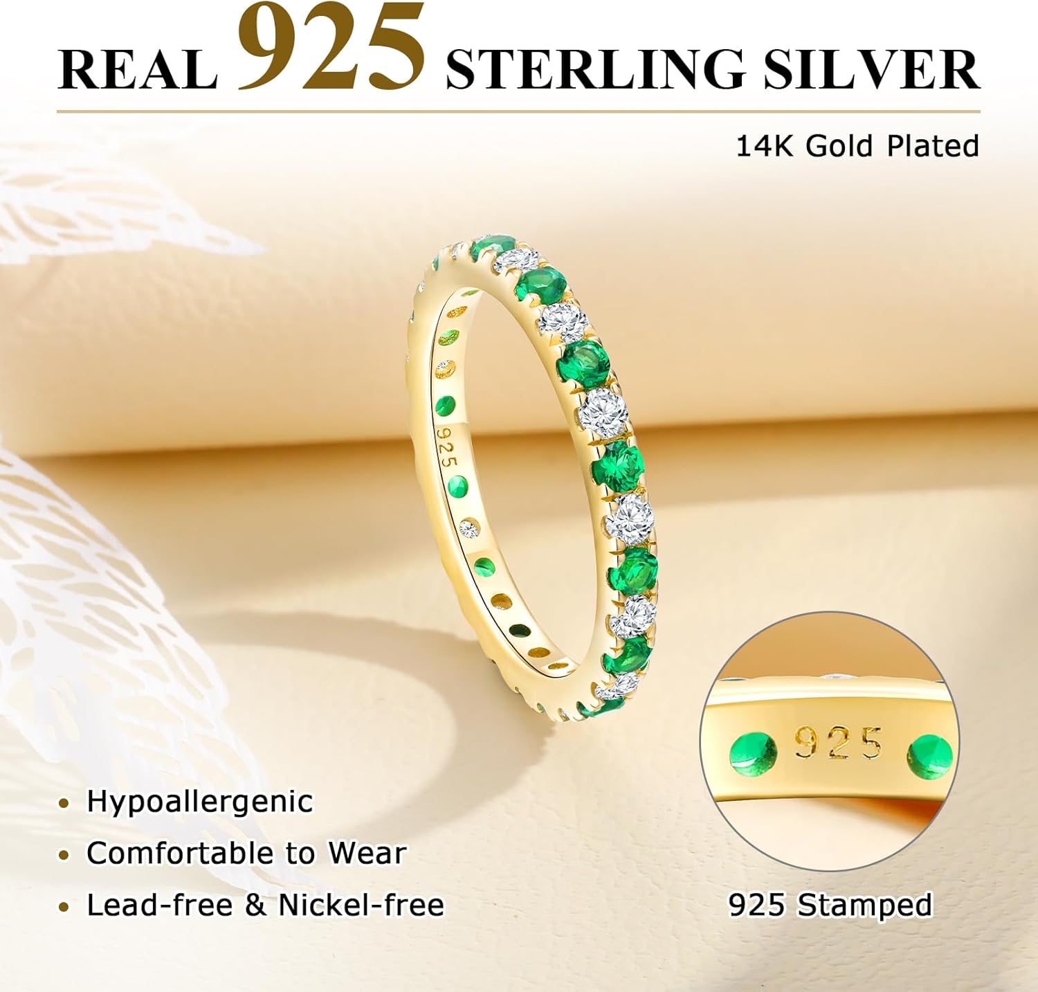 Full Eternity Band 2.4mm Wide Sterling Silver or Gold Color Stackable Birthstone and CZ Anniversary Bands Wedding Ring for Men Women, Comfort fit and Hypoallergenic