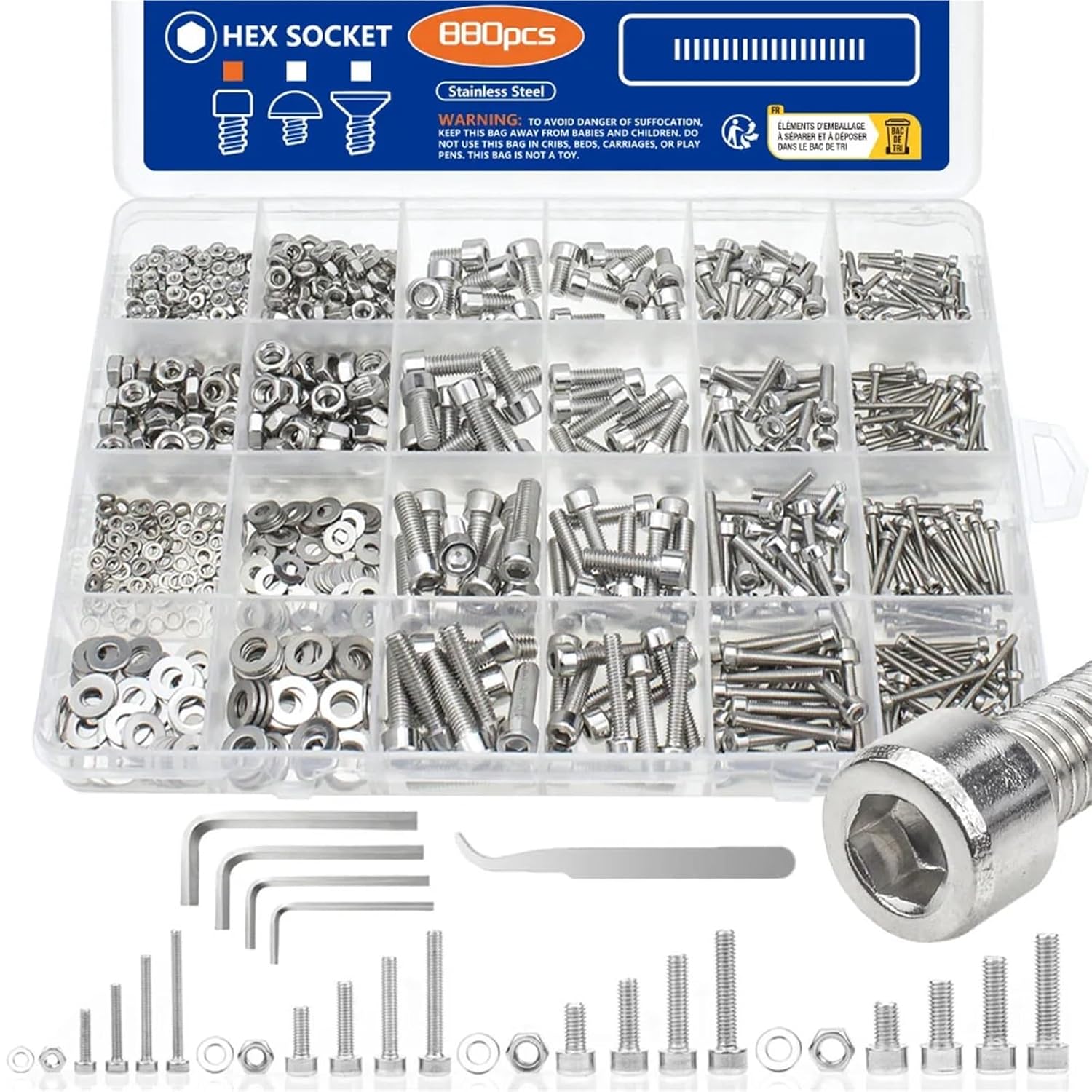 Nuts and Bolts 880Pcs Hexagon Hex Socket Head Cap Screw Set M2 M3 M4 M5 304 Stainless Steel Nuts & Washer Assortment Kit for Furniture