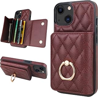 Folosu for iPhone 13 iPhone 14 Wallet Case with Card Holder, 360Â°Rotation Ring Holder Kickstand, 4 Card Slots PU Leather Case, RFID Blocking Double Magnetic Clasp Protective Cover 6.1 Inch Wine Red