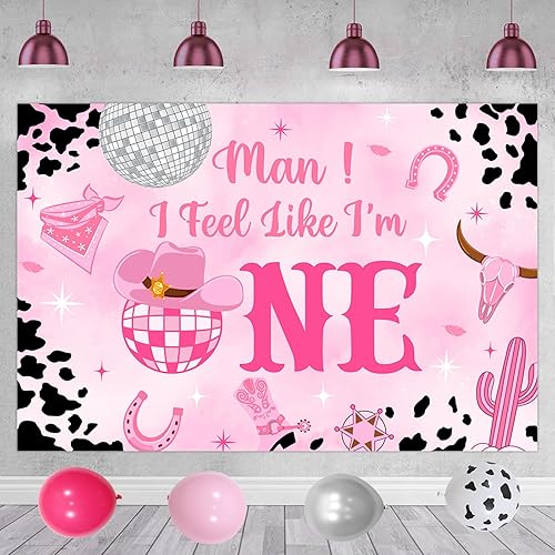 Miniatura 5 de Decoraciones de primer cumpleaños de vaquera disco con texto en inglés Man I Feel Like I'M One para decoración de fiesta, telón de fondo, globos de
