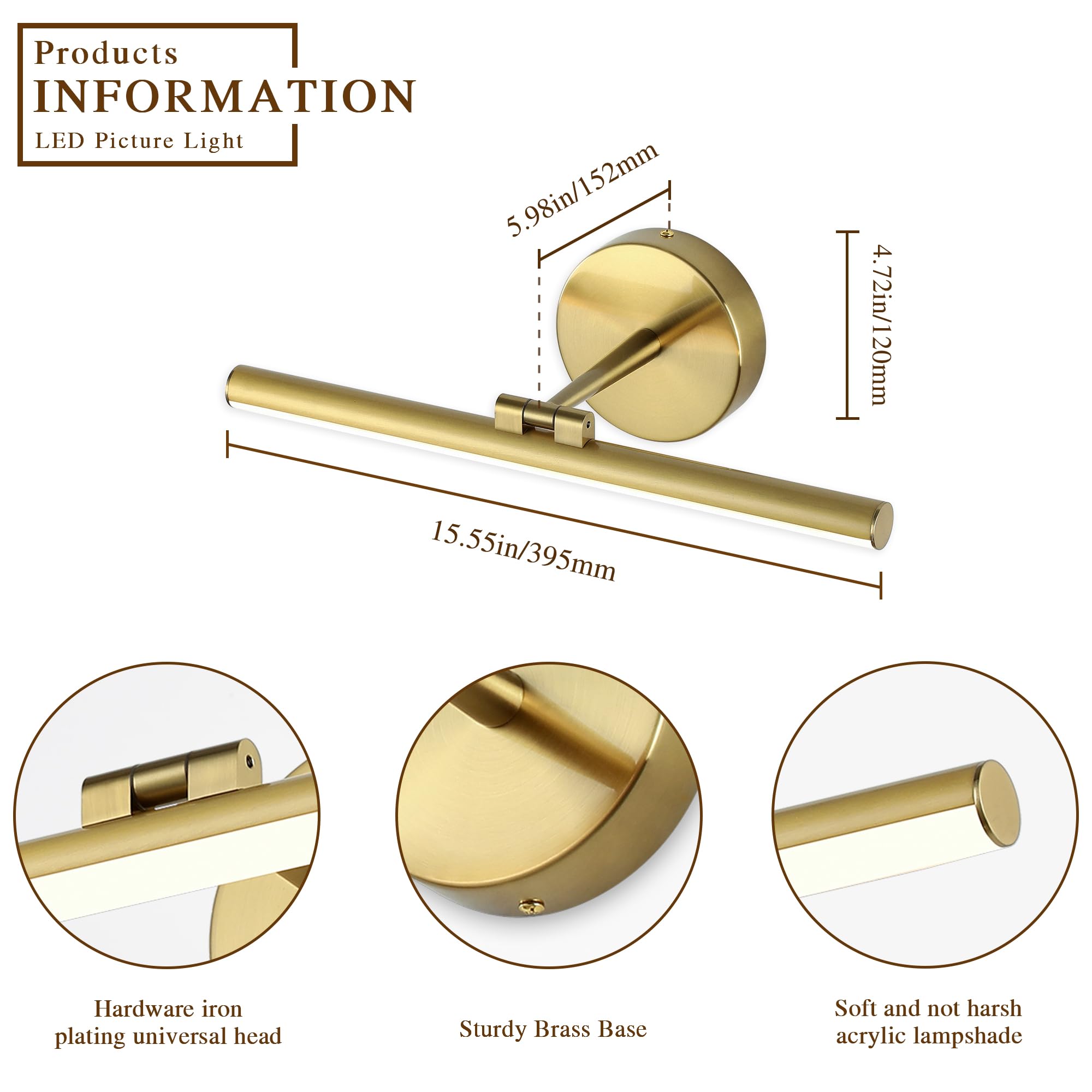 Hardwired Adjustable Gold LED Picture Light – 15.7 Inch Swing Arm Art Light, 3000K Warm White, Dimmable, 7W For Paintings & Wall Art
