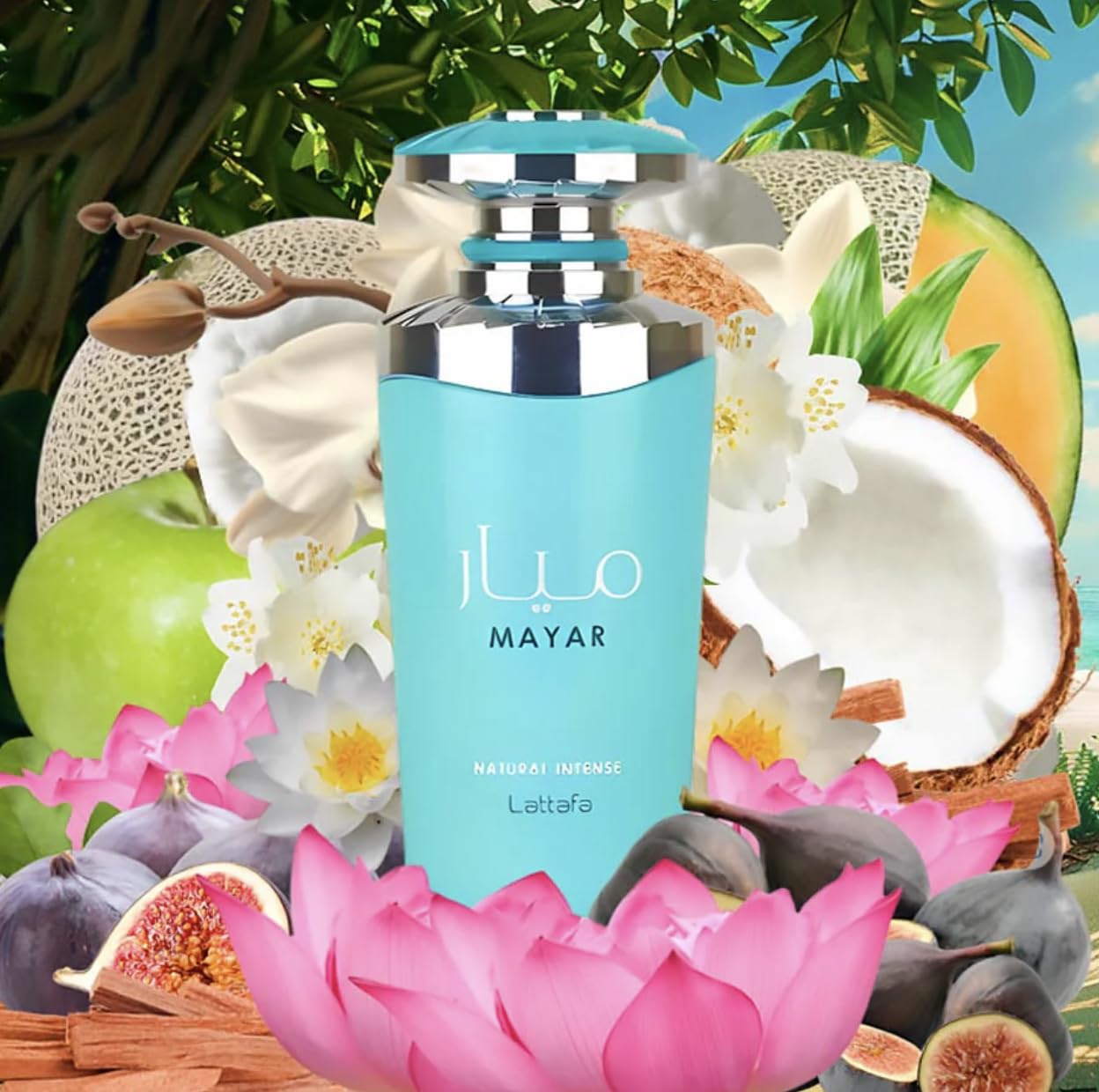 Perfume Mayar Natural Intense Eau de Parfum 100 ml, Perfume Árabe para Mujer de Larga Duración, Incluye Atomizador Recargable, Fragancia Acuática con Notas de Coco, Lirio y Vainilla (Natural Intense)