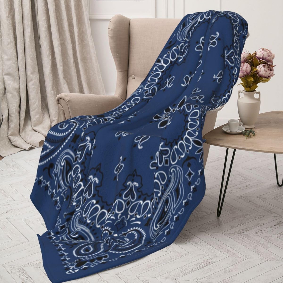 Home Decor Throw Blanket, Blue Paisley Bandana Scarf Classic, Warm Soft Cozy Flannel Bed Blankets for Bed, Couch, Sofa and Chair, All Seasons Suitable, 80x60 inches - Image 3