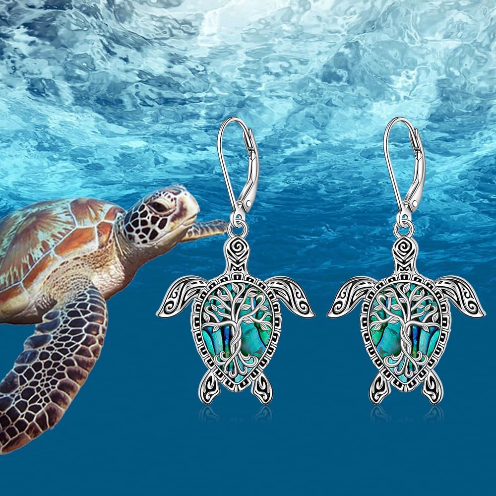 Sea Turtle Earrings for Women Tree of Life Abalone Shell Sea Turtle Gifts for Women Sterling Silver Dangle Lever Back Hawaii Mothers Day Gifts - Image 4
