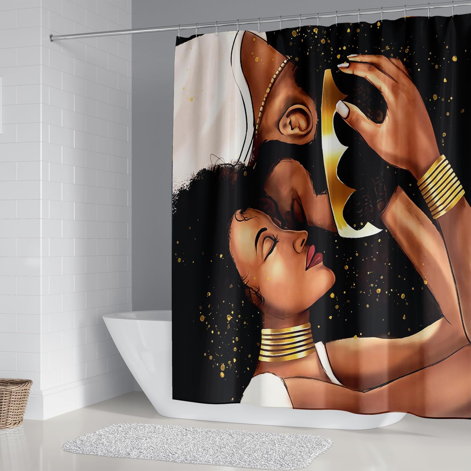 4 Pcs King&Queen Shower Curtain Sets with Non-Slip Rug, Toilet Lid Cover and Bath Mat, African American Shower Curtain with 12 Hooks, Waterproof Personality Pattern Bath Curtain