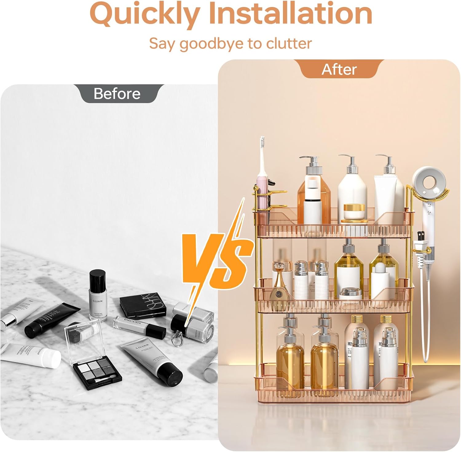 3-Tier Bathroom Countertop Organizer - Amber Acrylic Vanity Trays with Hair Dryer & Toothbrush Holder - Luxury Skincare, Perfume & Makeup Storage Rack for Countertop, Dresser & Cabinet
