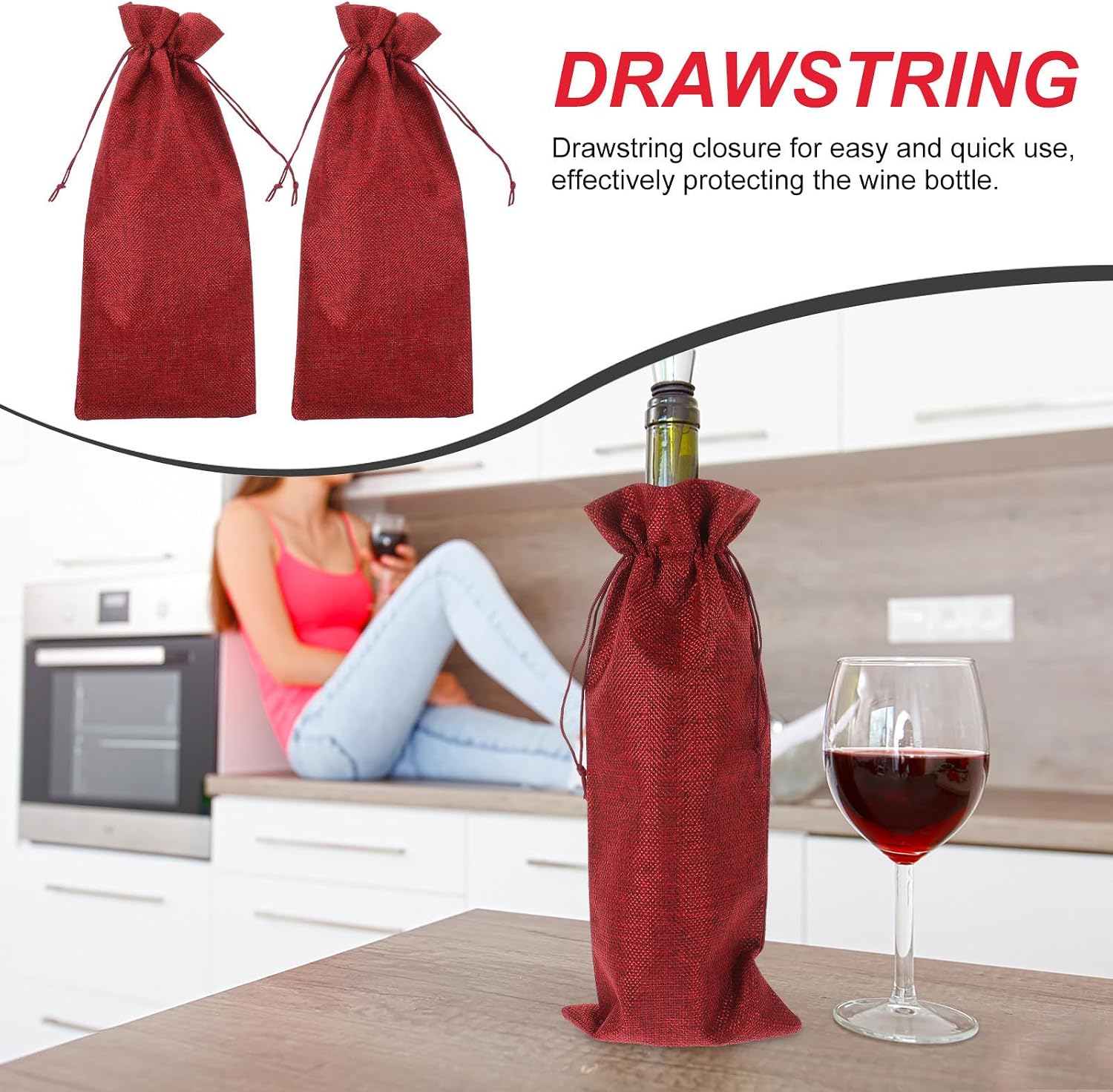 DIYEAH 5pcs Red Linen Wine Bottle Bags Drawstring Pouches for Wrapping and Protecting Wine Bottles for Christmas Packaging and Wedding Events with Unique Elegant Design